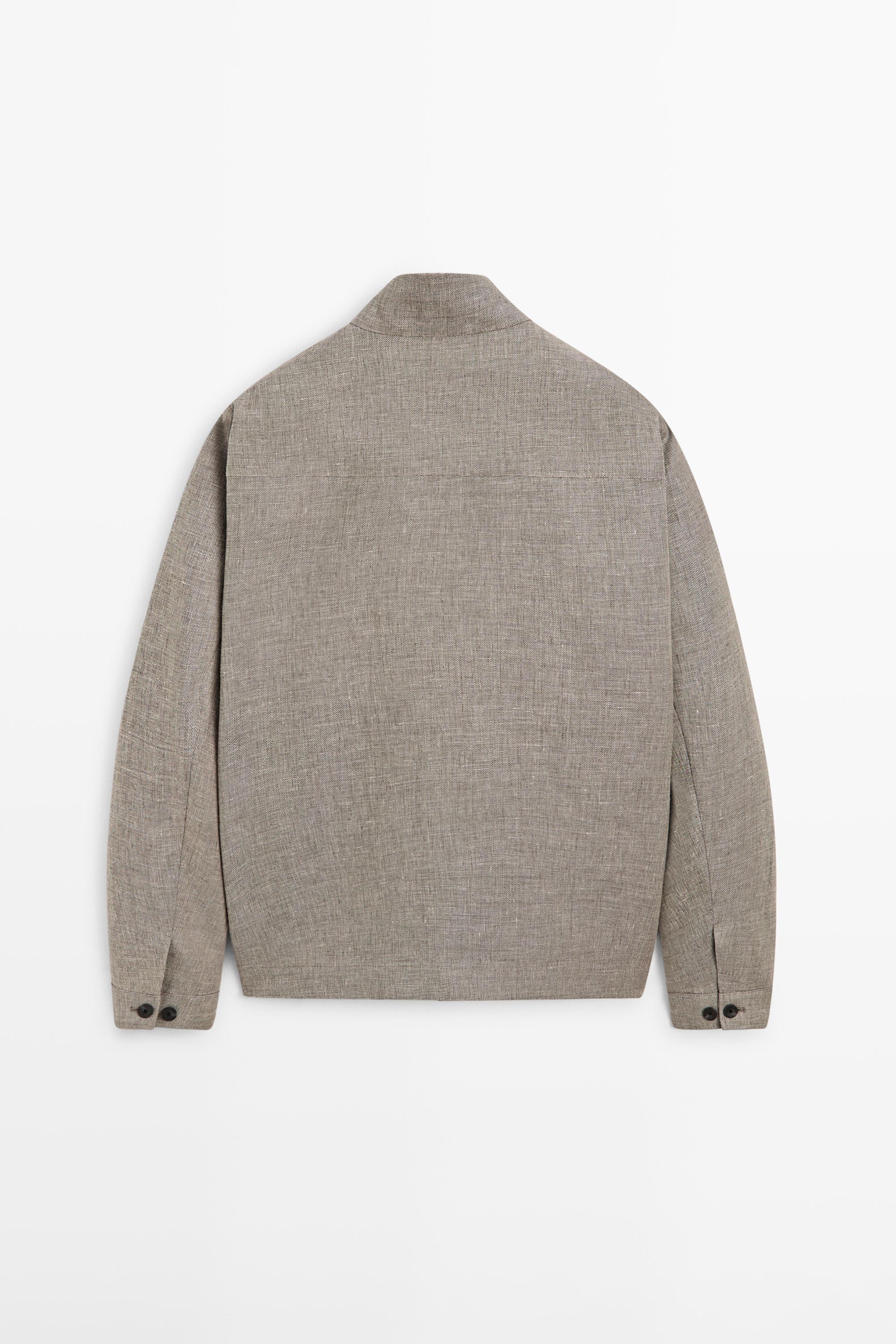 Linen blend bomber jacket with collar detail — BEIGE MARL