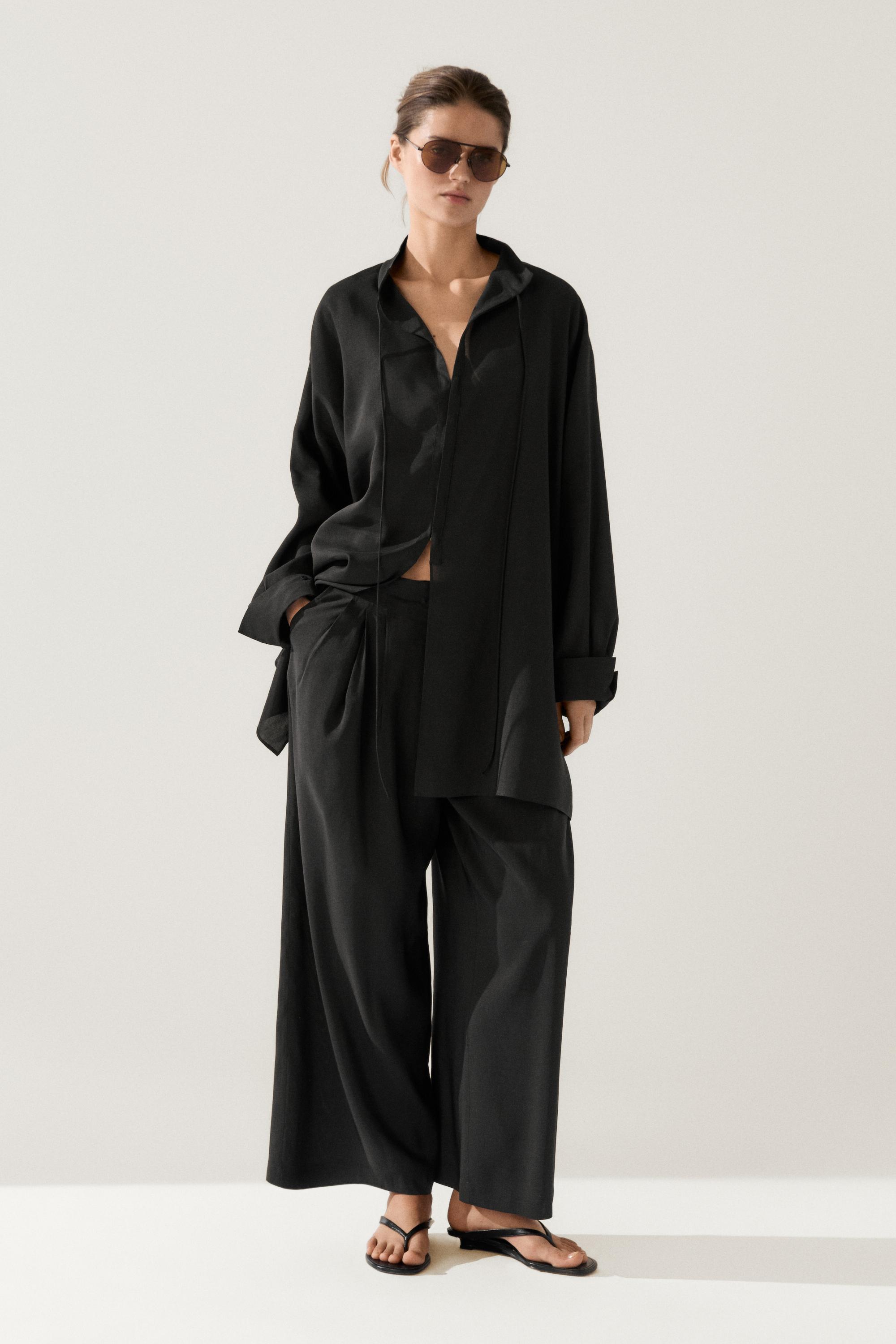 Flowing linen blend trousers — BLACK