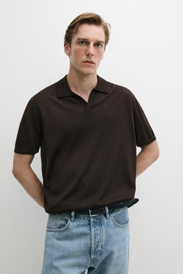 Short sleeve wool blend knit polo shirt — BROWN 3