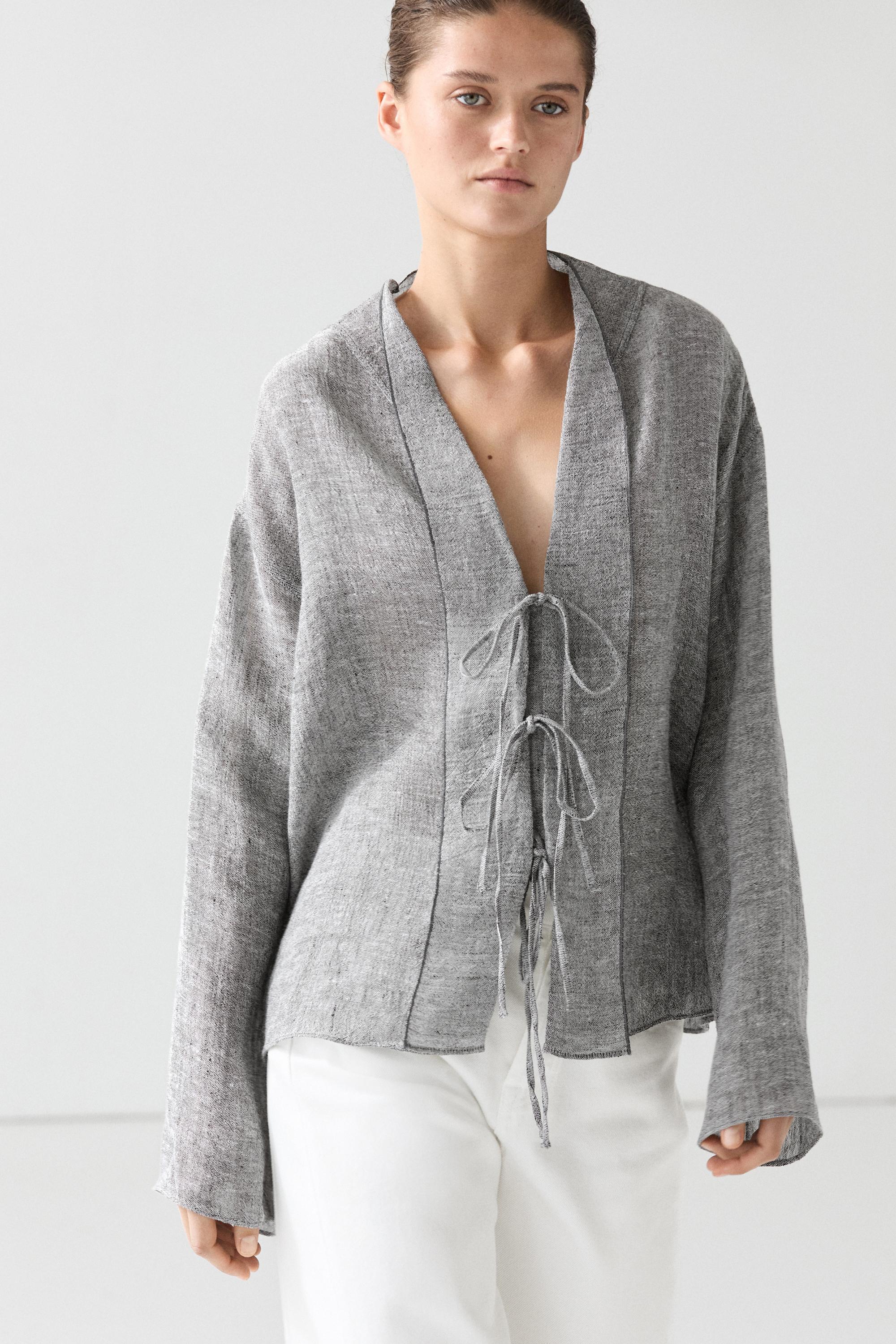 Linen blend blouse with tie details — 0-881