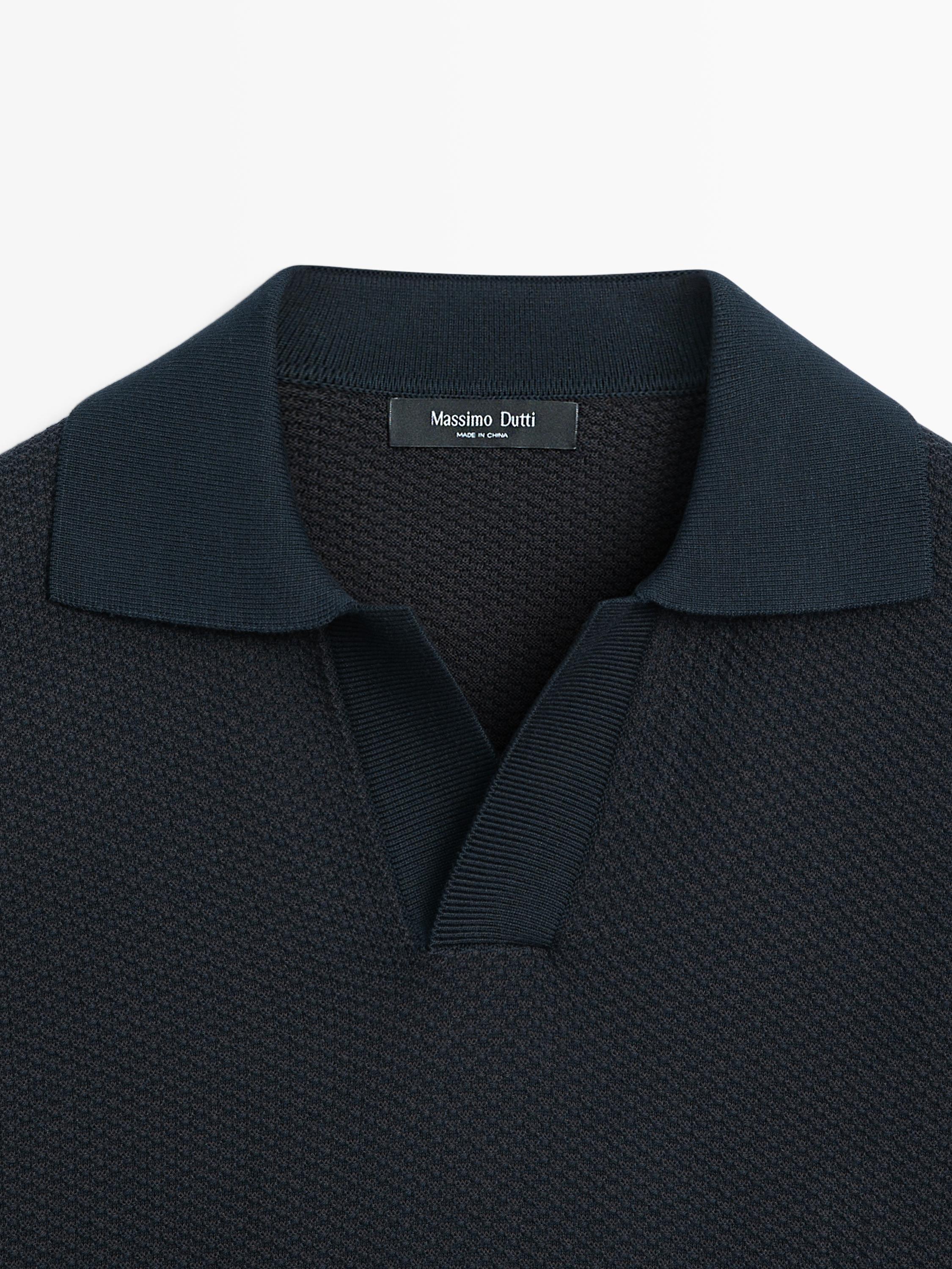 100% cotton textured knit polo sweater — NAVY BLUE