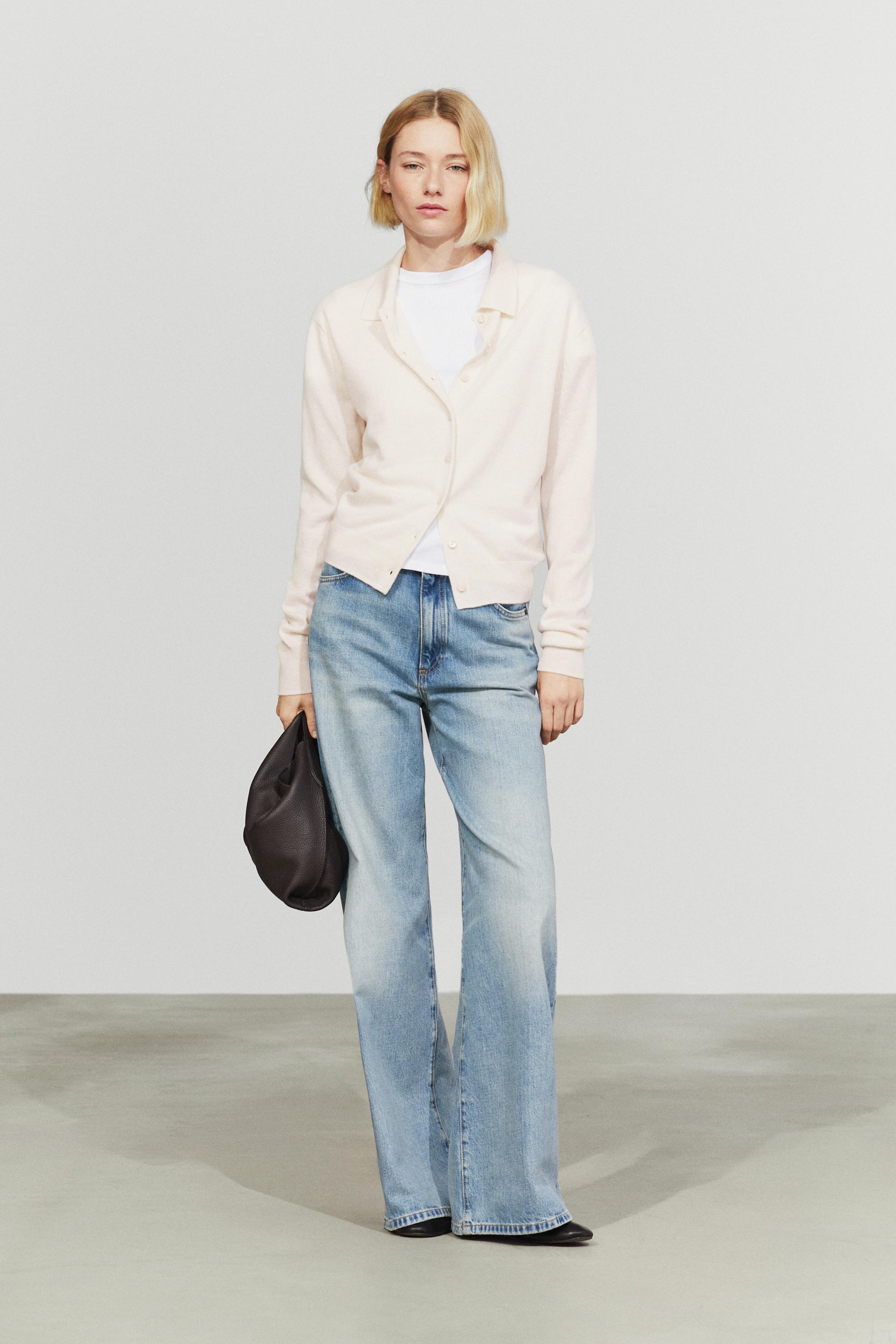 100% cashmere knit polo collar cardigan — CREAM