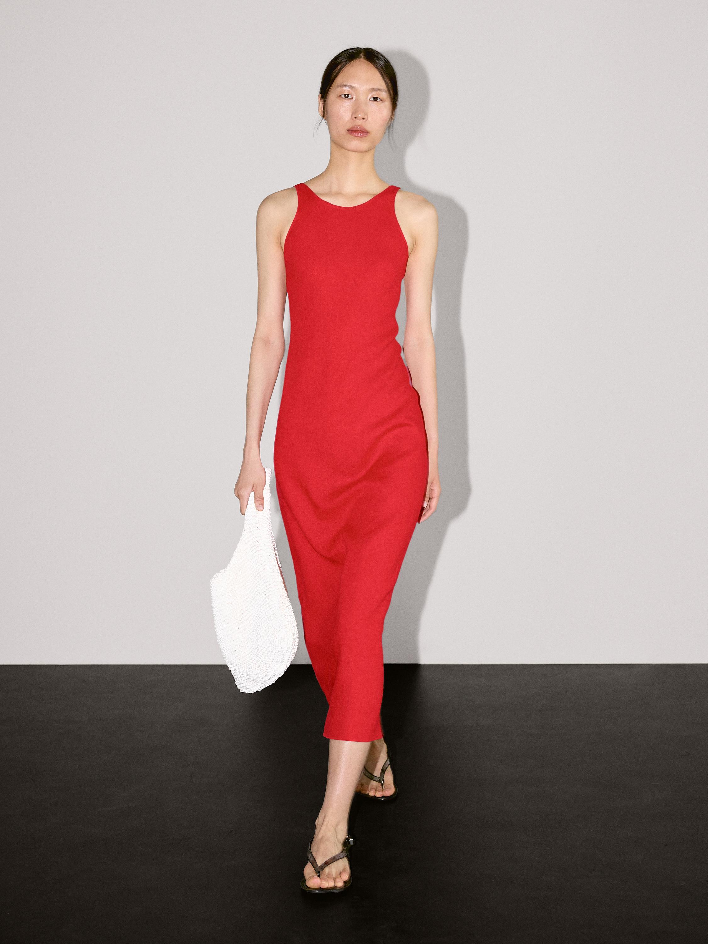 100% linen round neck midi dress