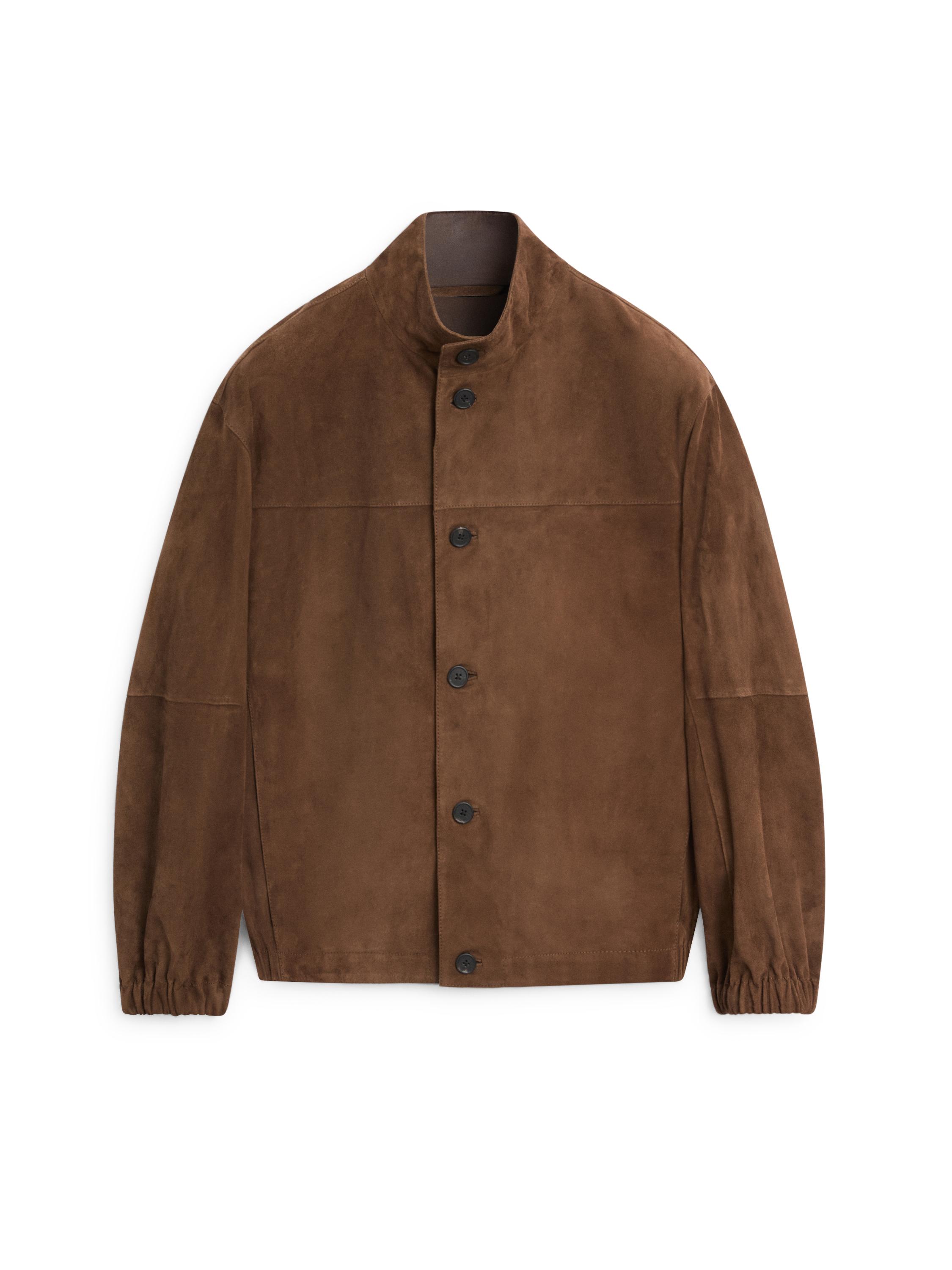 Suede leather high neck jacket — Tobacco brown