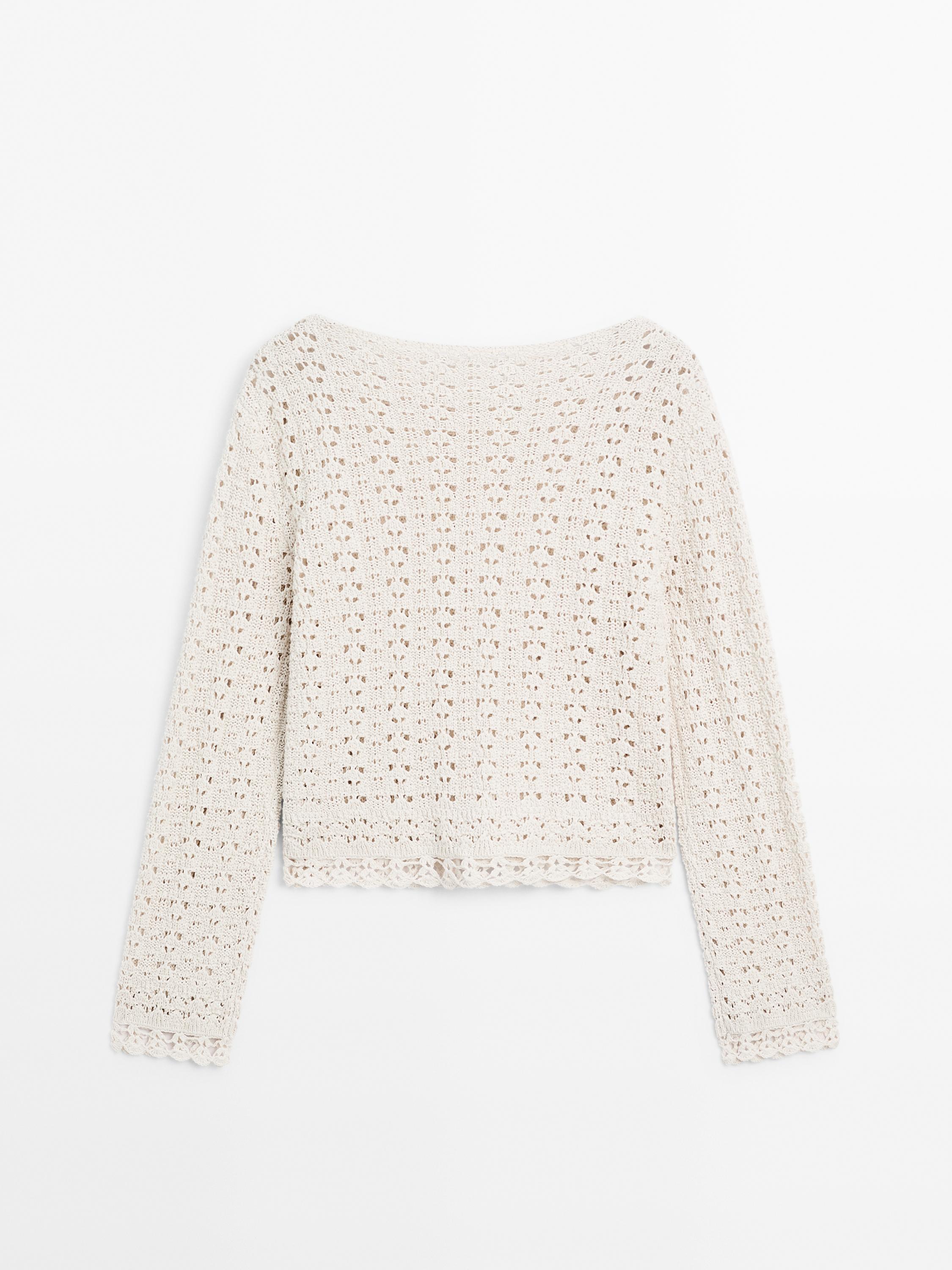 Cotton blend openwork crochet sweater