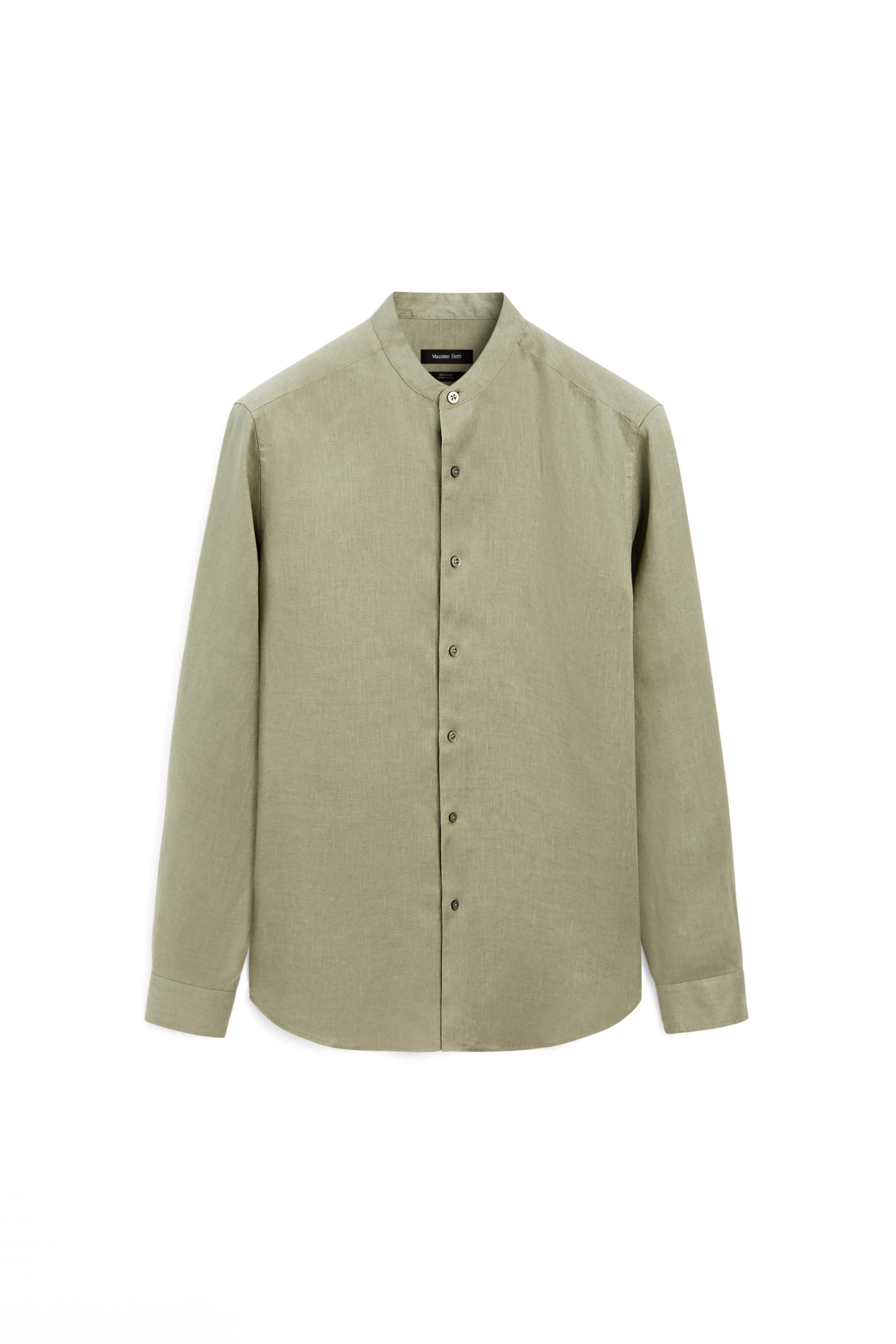 100% linen regular fit stand collar shirt — PALE GREEN