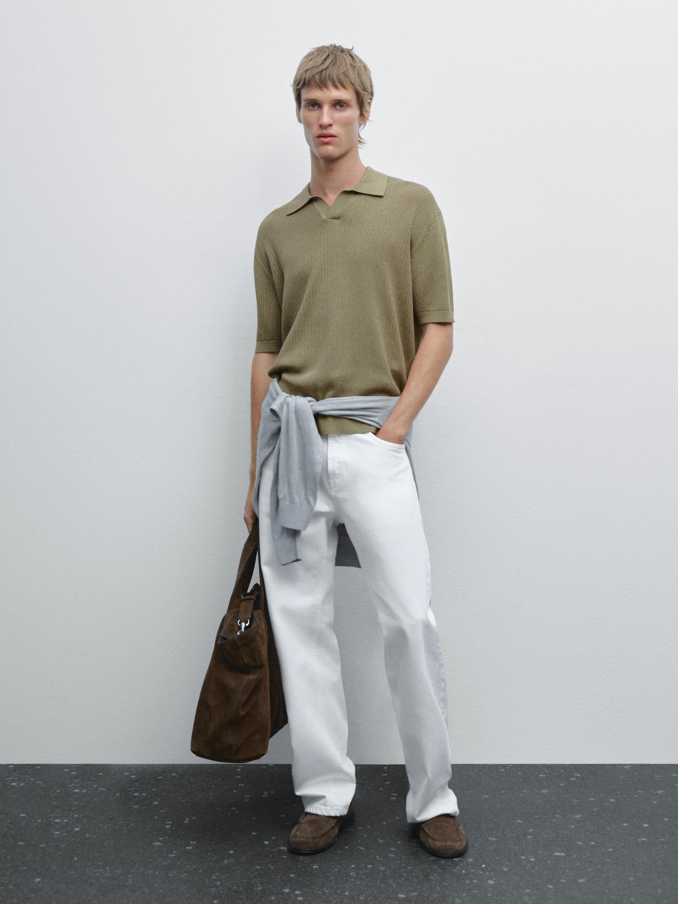 Cutwork textured V-neck polo shirt