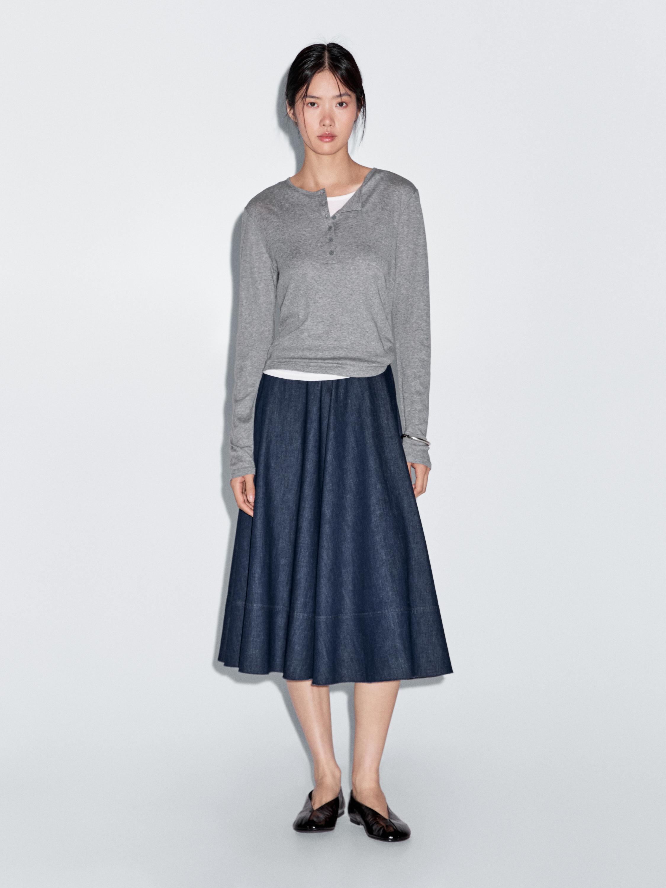 Jupe midi denim en coton mélangé