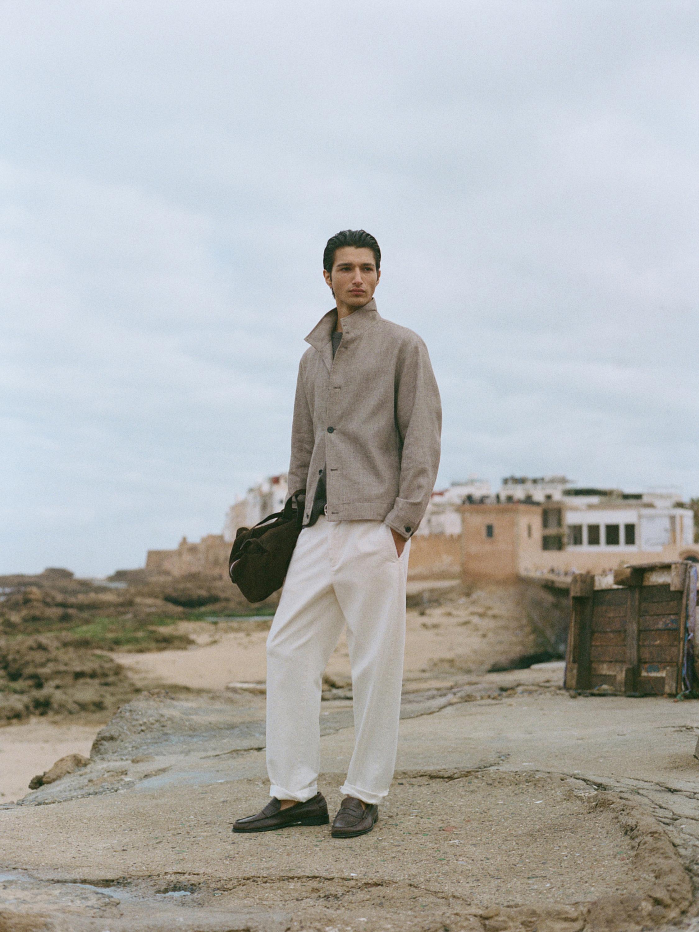 Linen blend bomber jacket with collar detail — BEIGE MARL