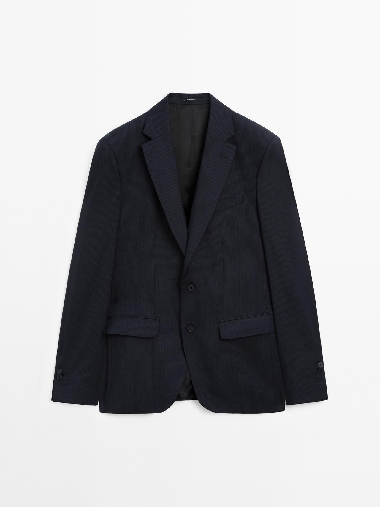 Massimo Dutti - Herre - Smalstribet Habitjakke I Uld - Marineblå - 54