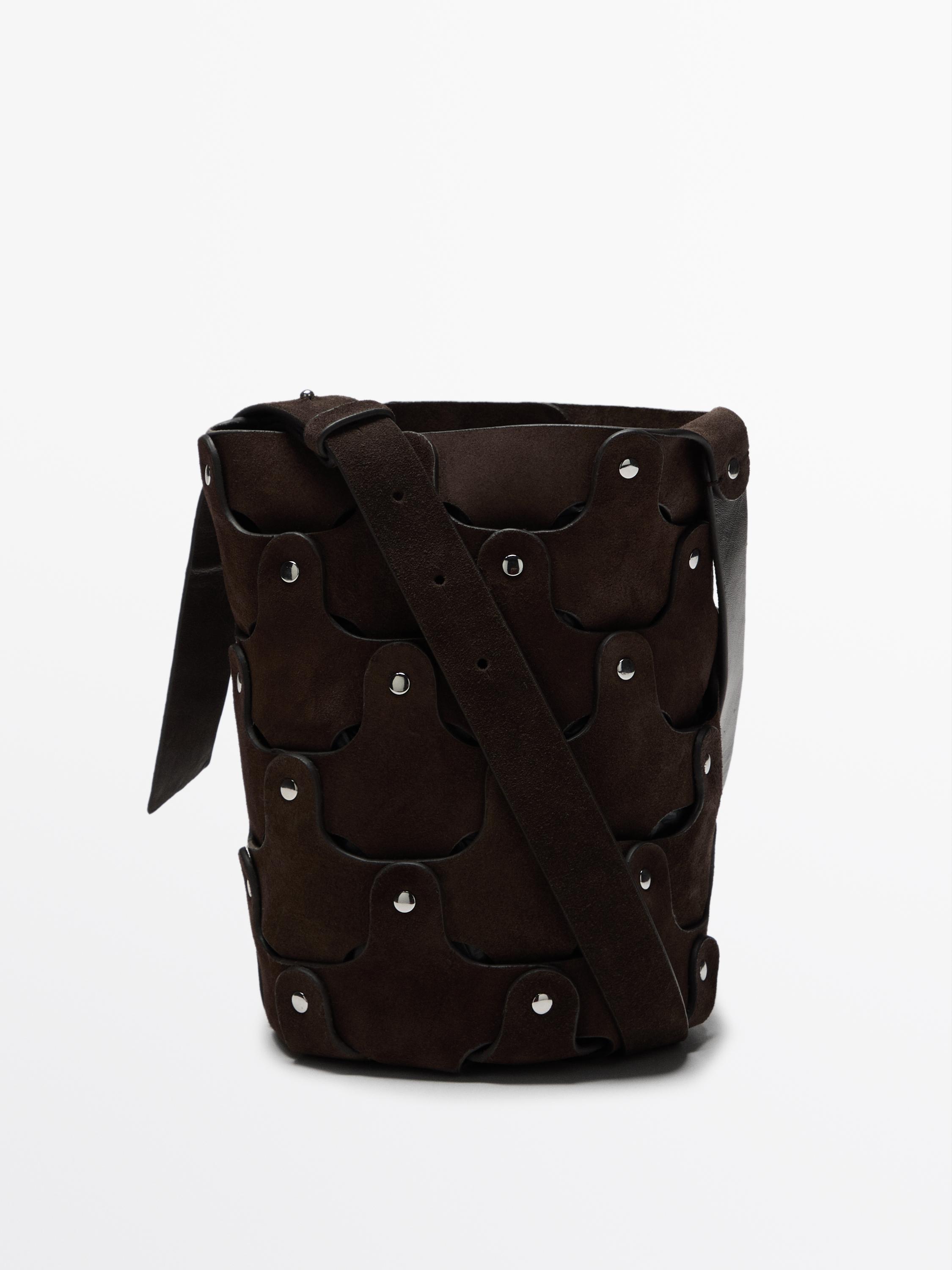 Studded split suede bucket bag