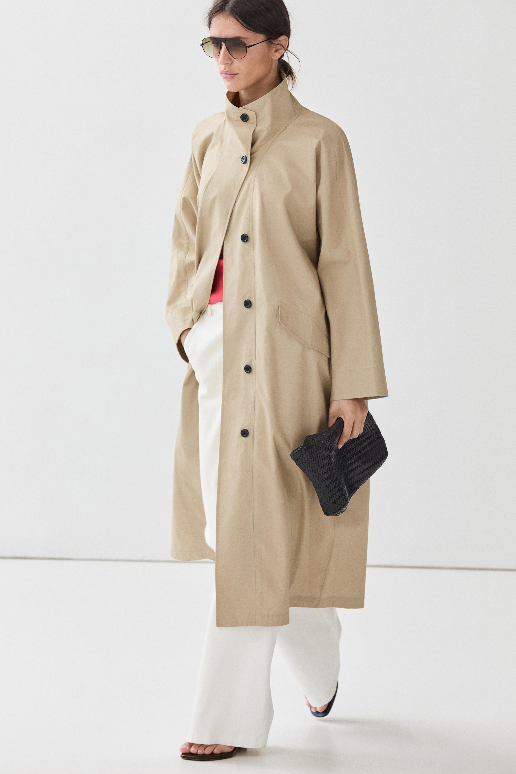 100% Cotton High-Neck Trench Coat — Light Beige