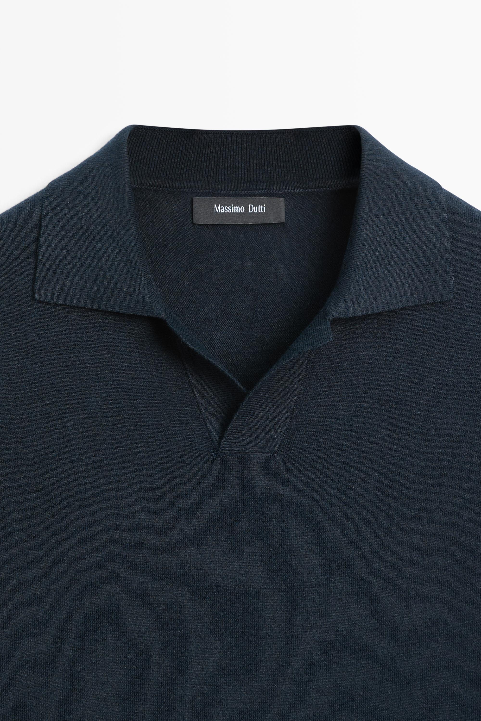Cotton and linen knit polo sweater — NAVY BLUE