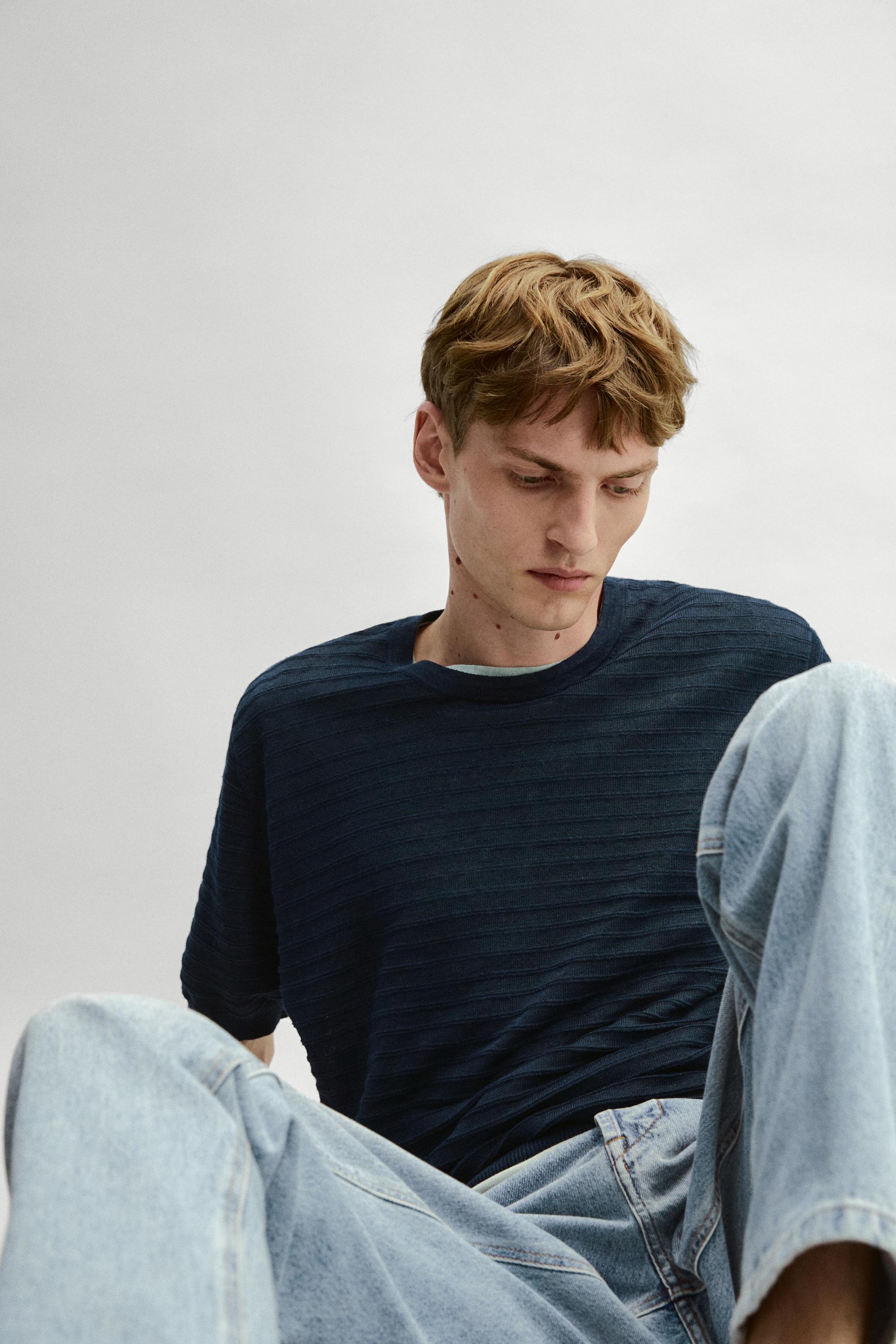 100% linen short sleeve knit sweater — NAVY BLUE