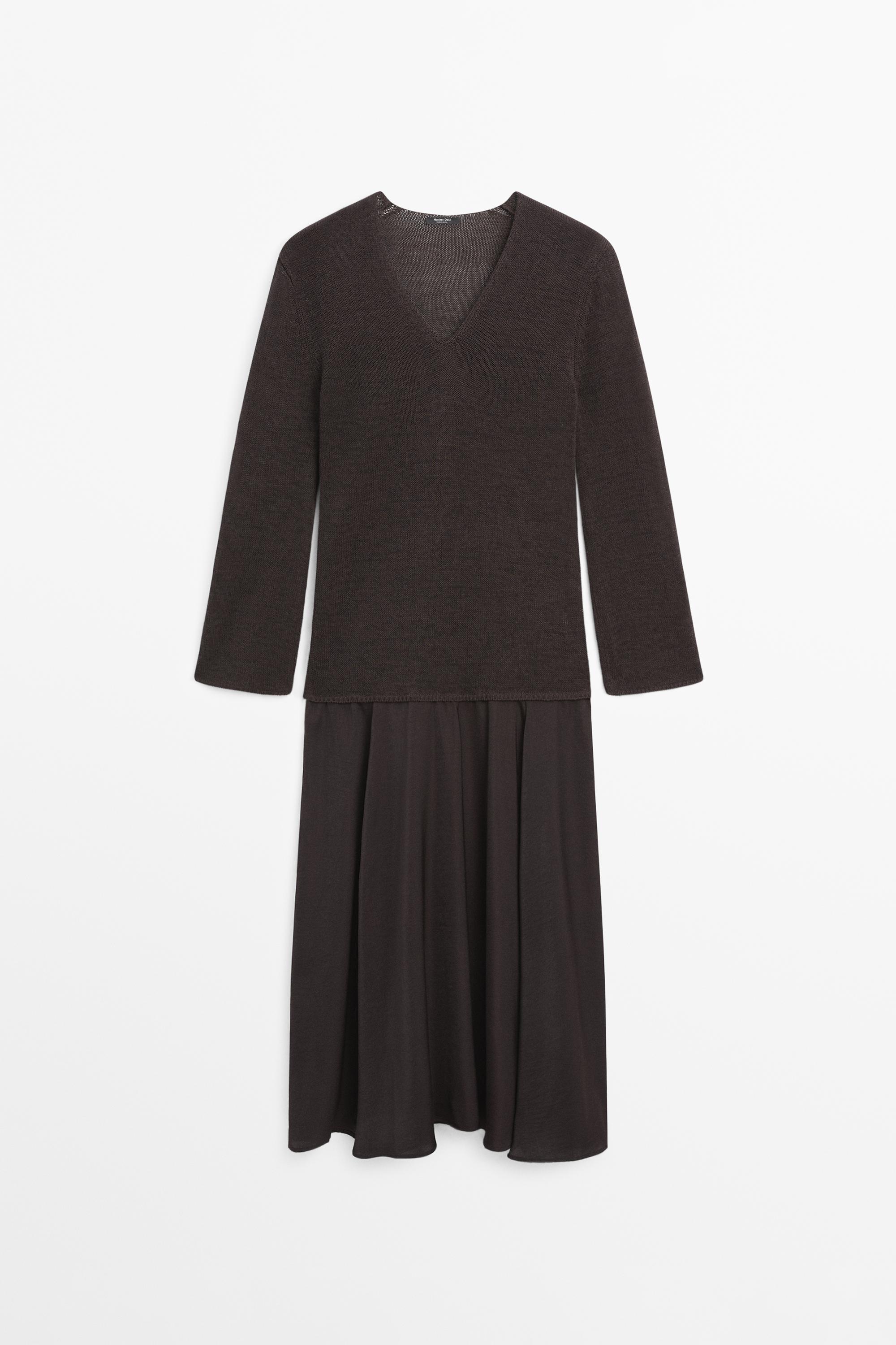 Contrast cotton blend knit dress — Reddish brown