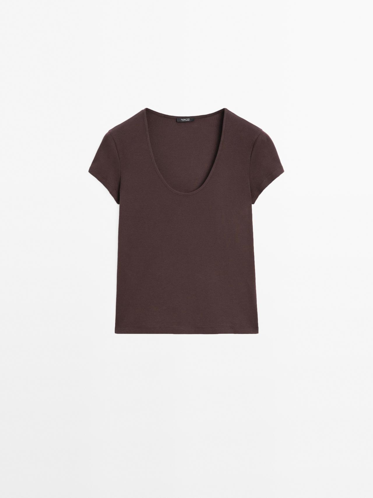 Massimo Dutti - Dames - Round Neck T-Shirt With Cotton - Bruin - L