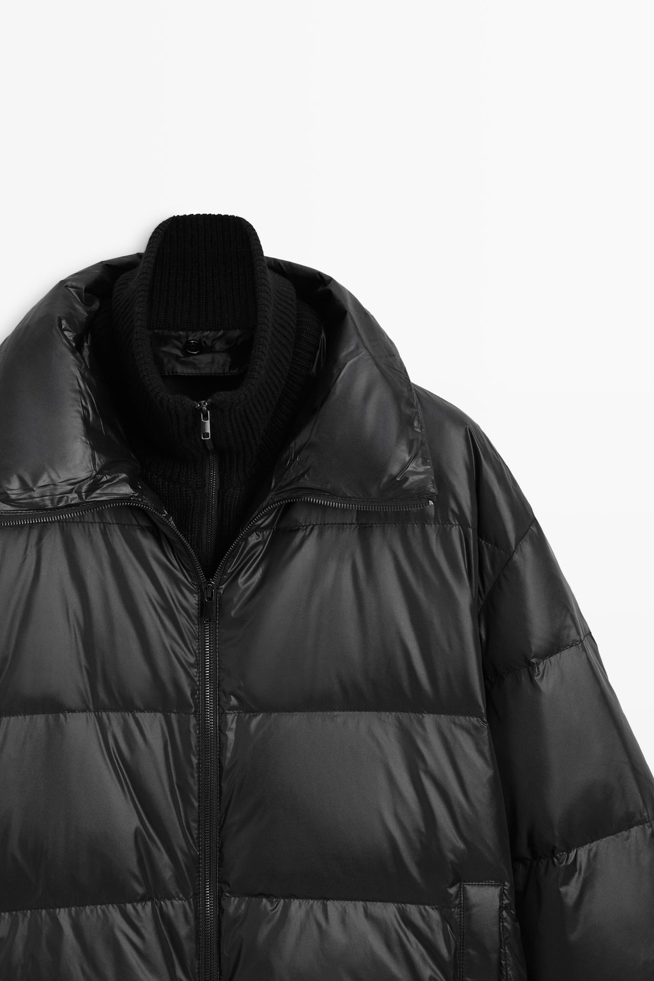 Down jacket with detachable knit bib detail — BLACK