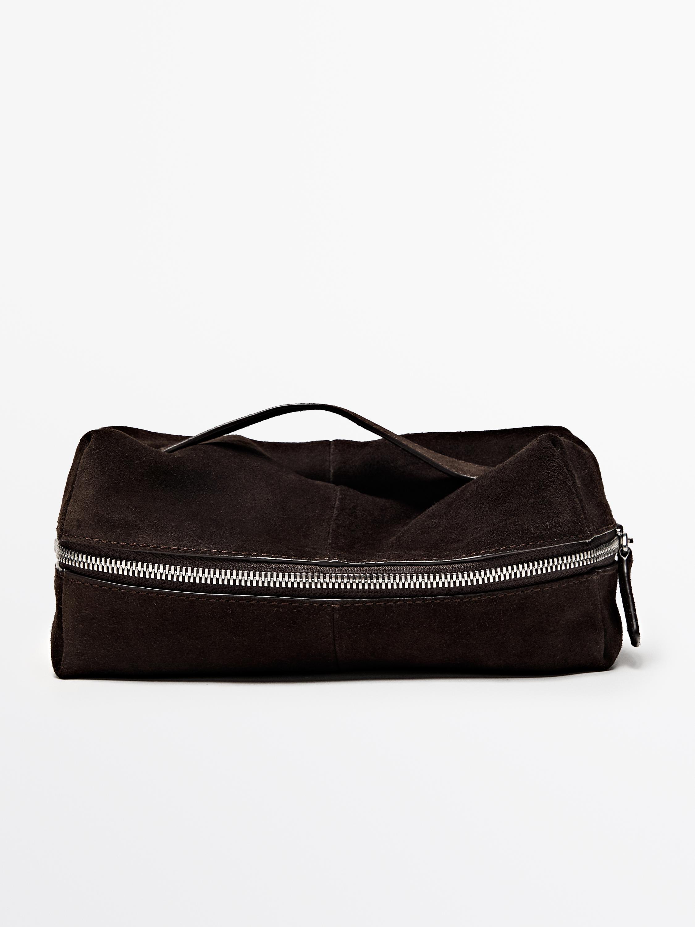 Suede leather toiletry bag with zip — BROWN