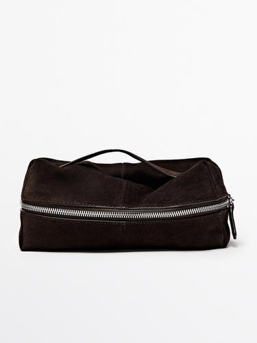 Split Suede Leather Toiletry Bag — BROWN 5