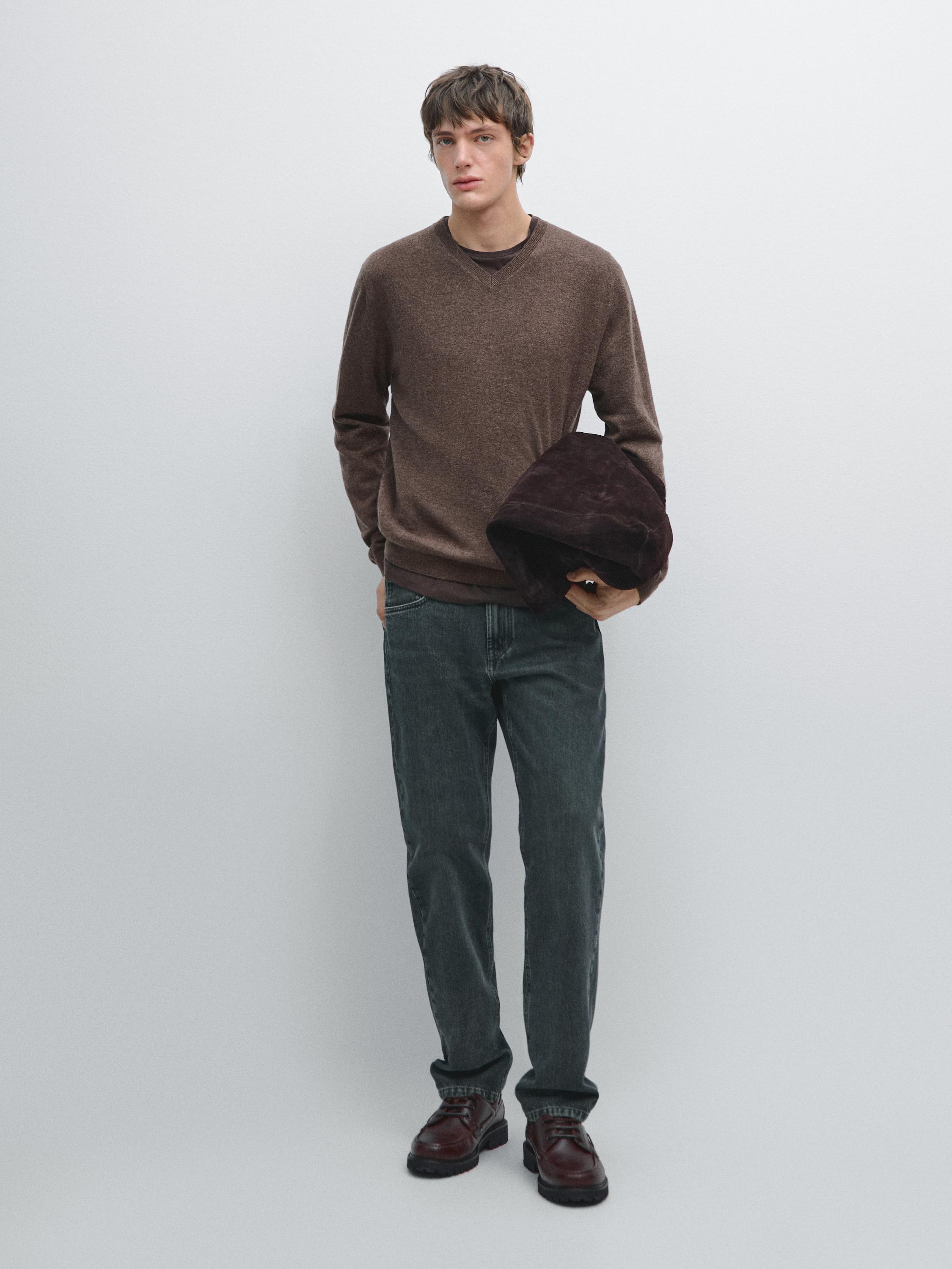 Tricot trui met V-hals van wolmix