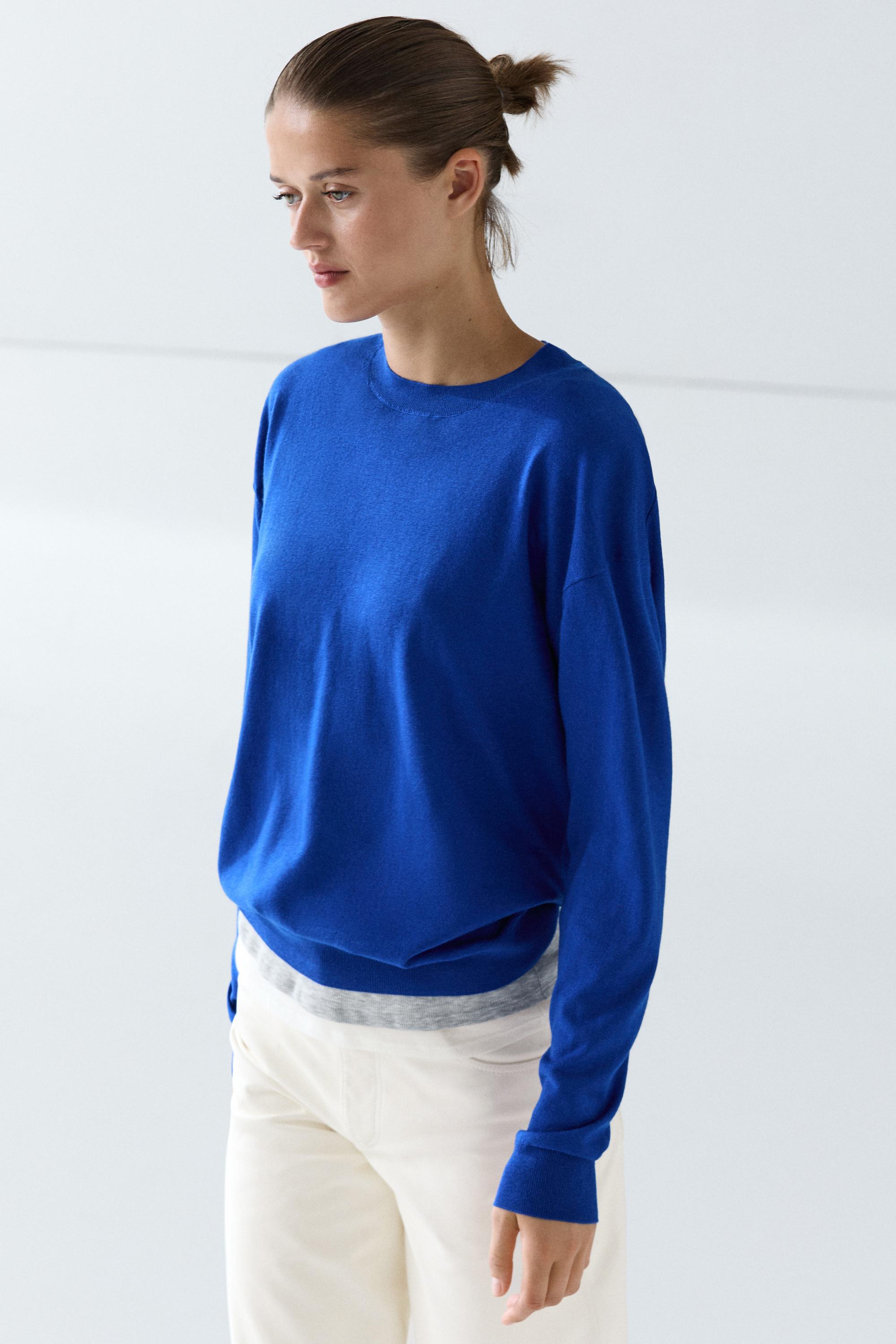 Fine knit round neck sweater — DEEP BLUE