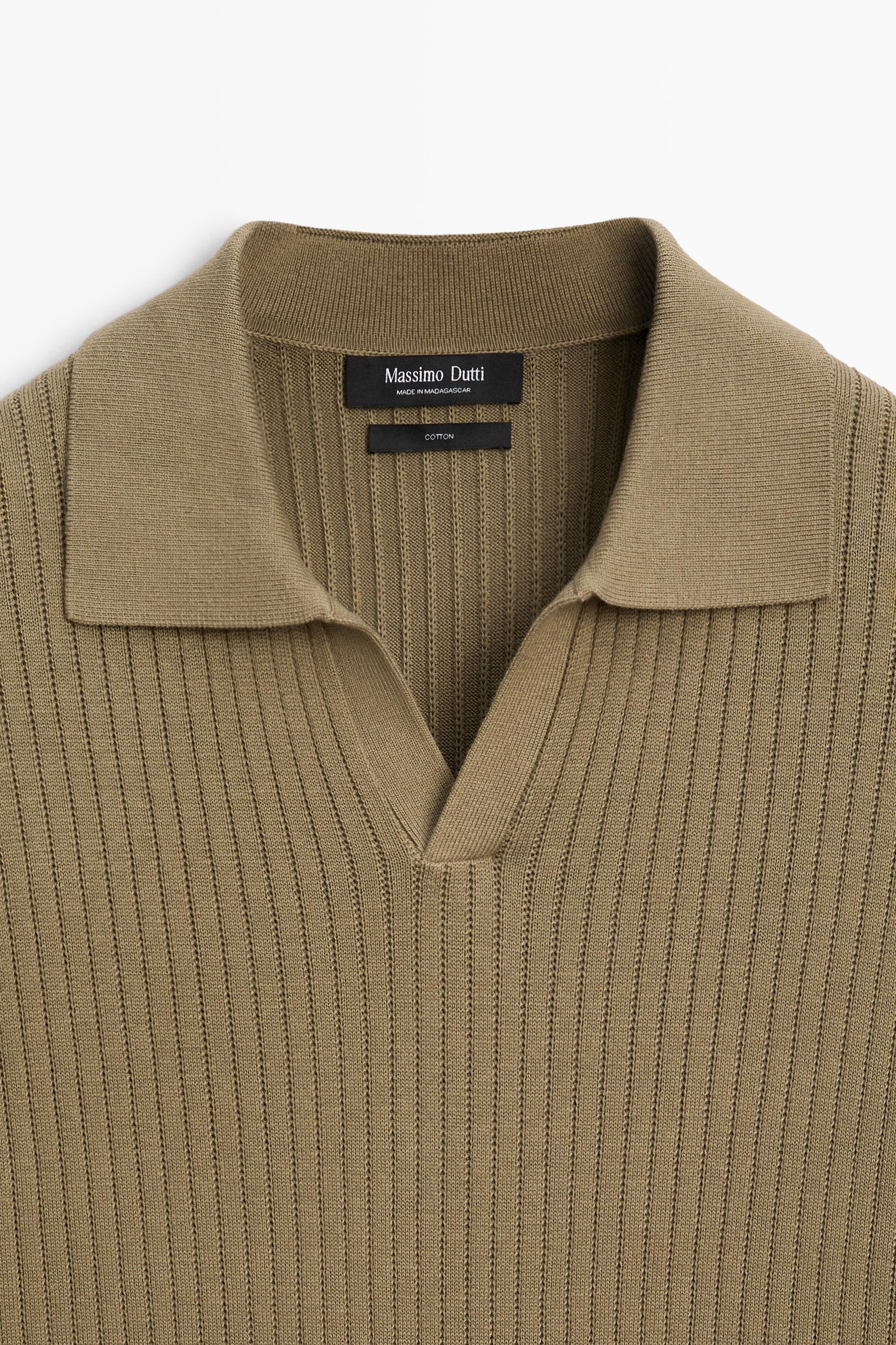 100% cotton ribbed knit polo sweater — DARK KHAKI