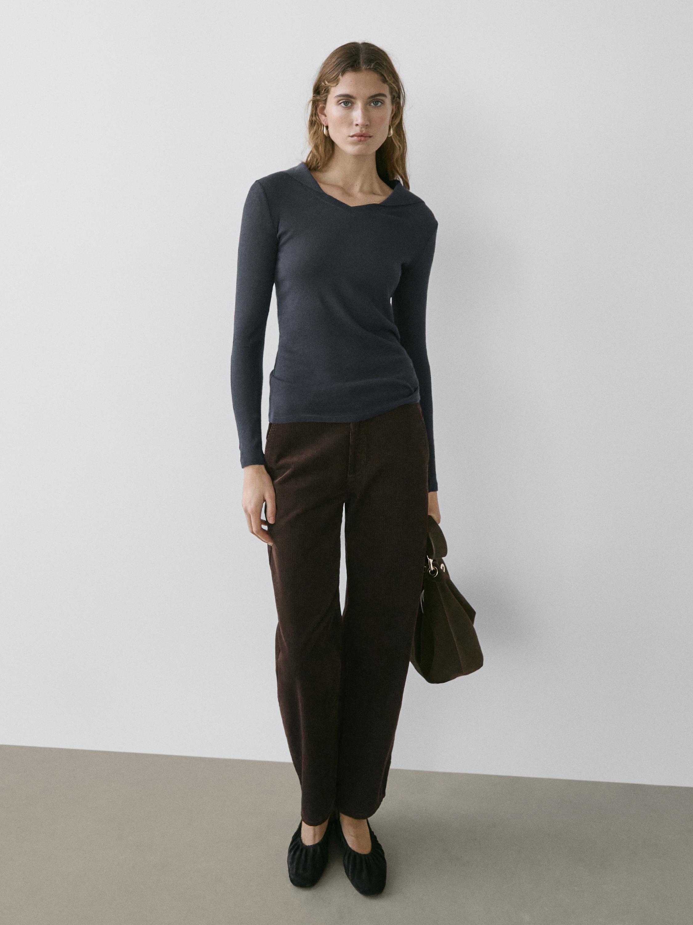 Long sleeve knit V-neck polo shirt — NAVY BLUE