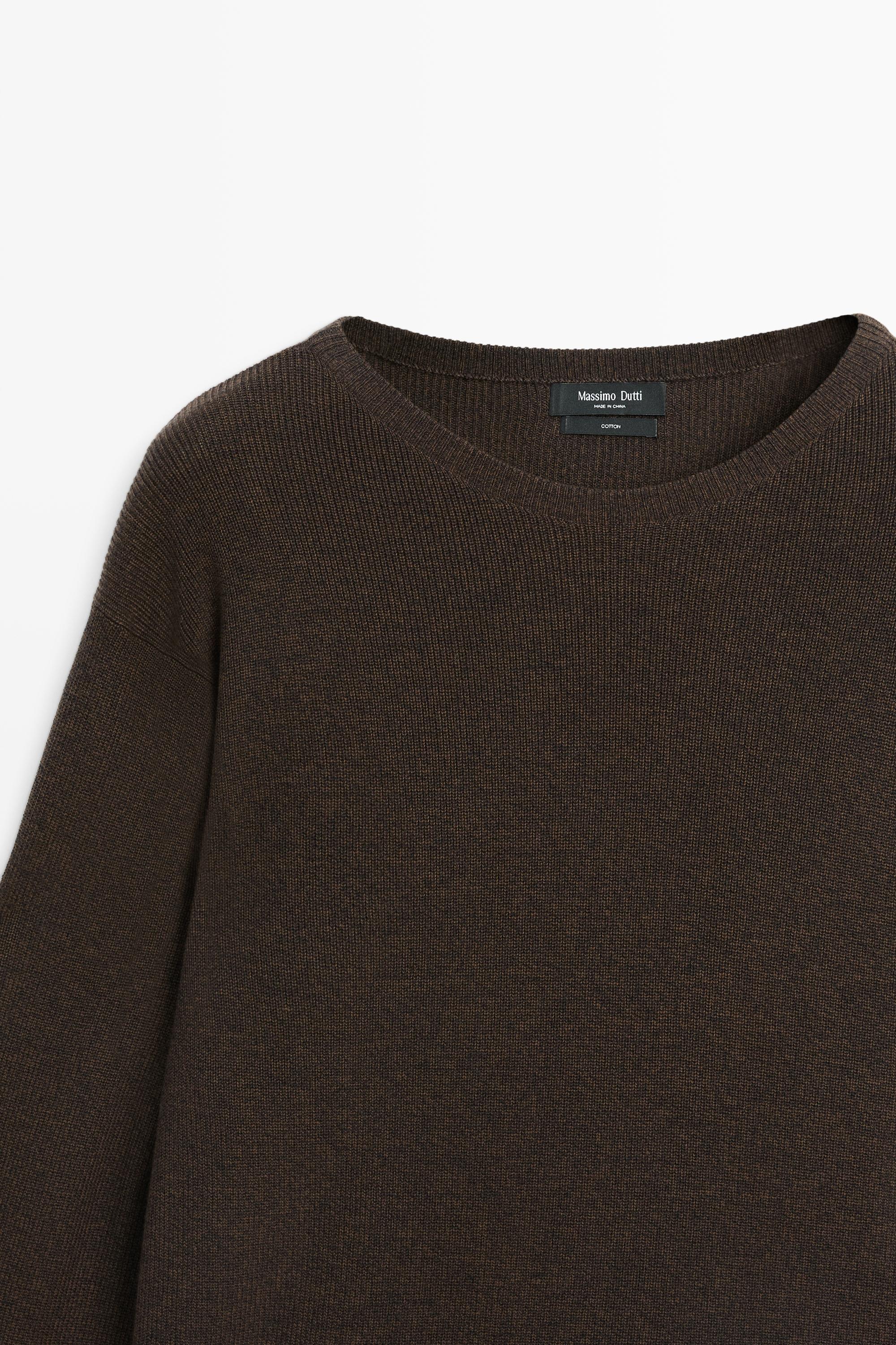 100% cotton mouliné round neck sweater — BROWN
