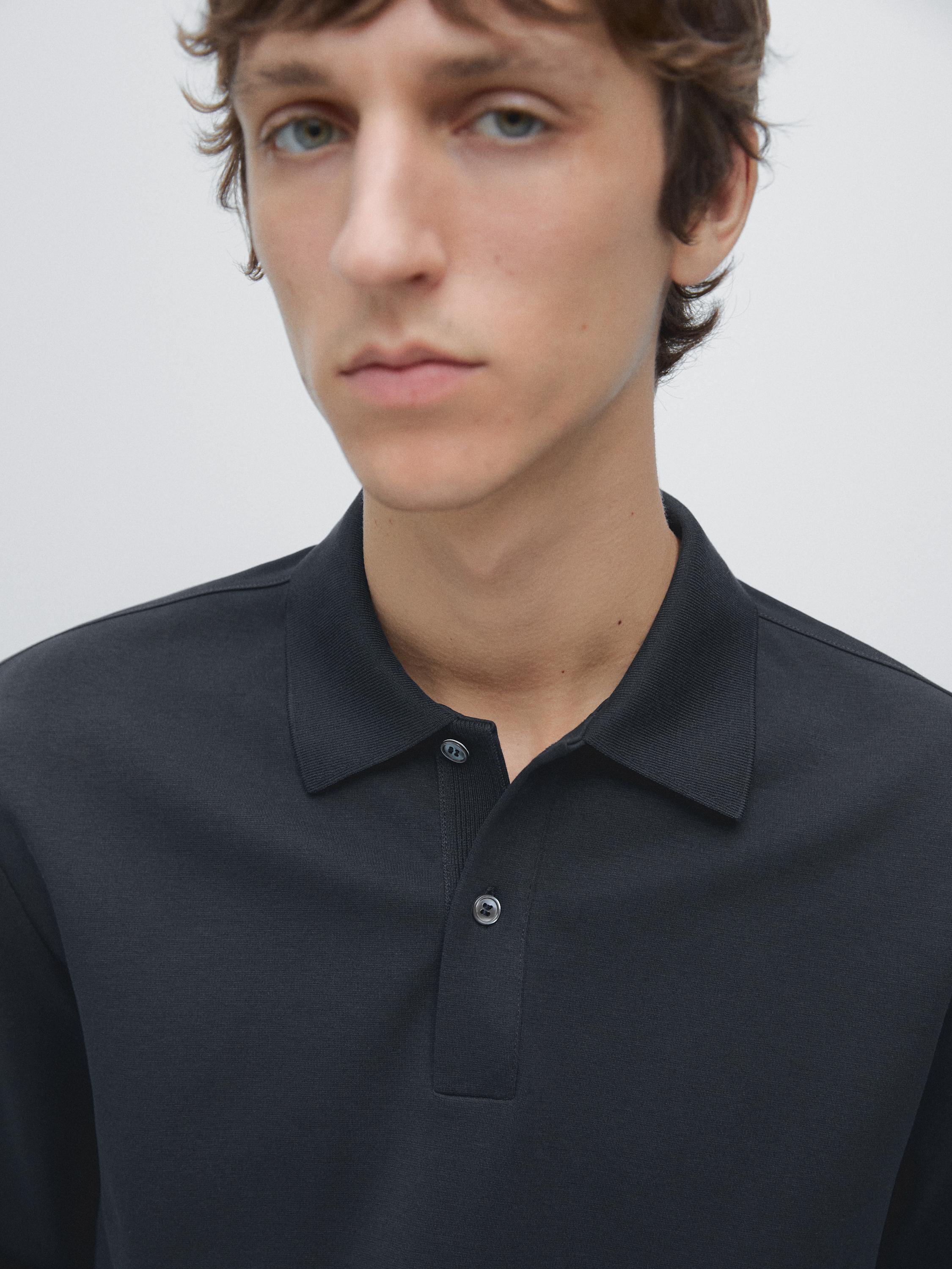 Long sleeve polo shirt with ribbed detail — NAVY BLUE