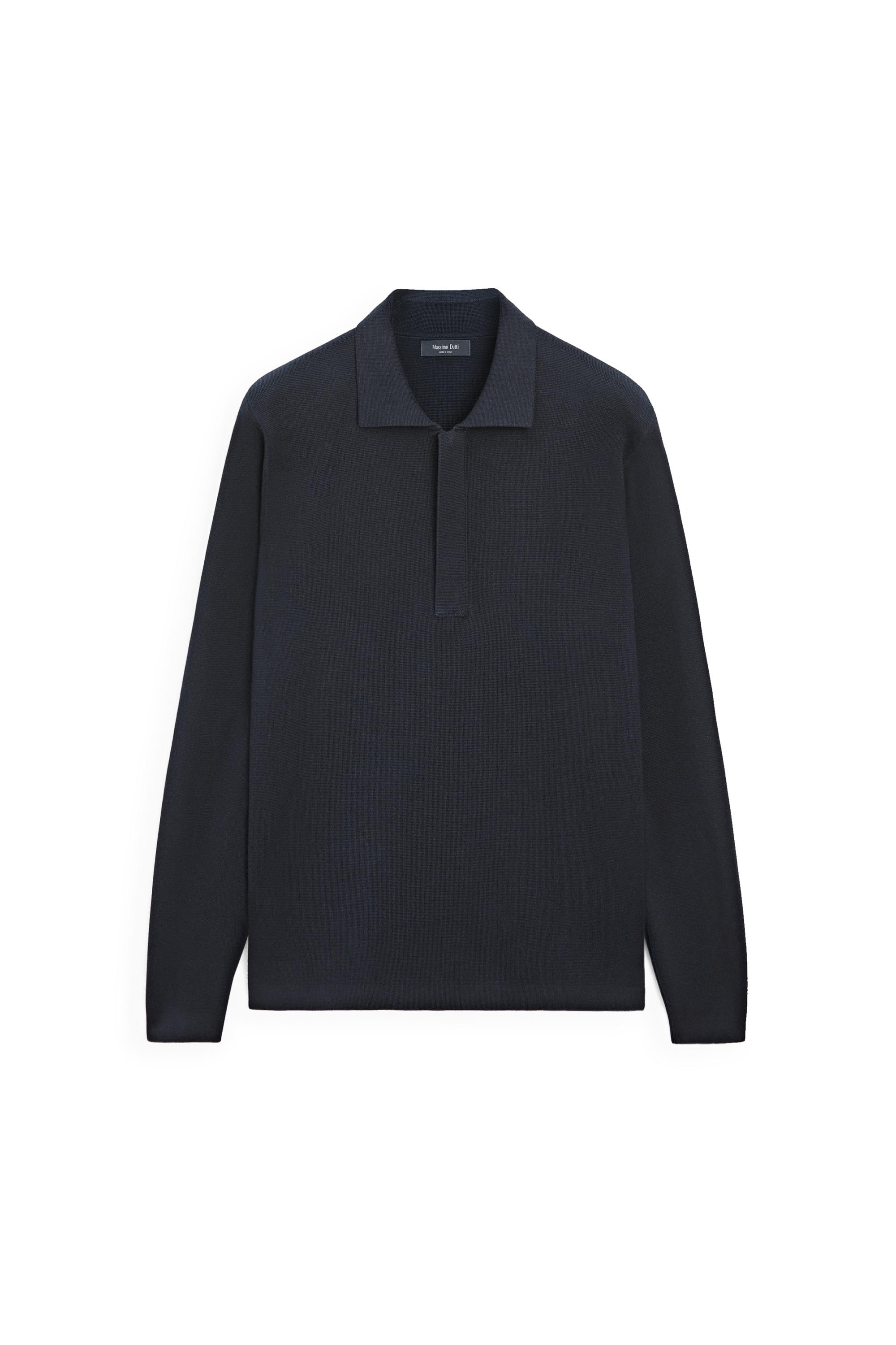 Cotton blend zip-up knit polo sweater — NAVY BLUE