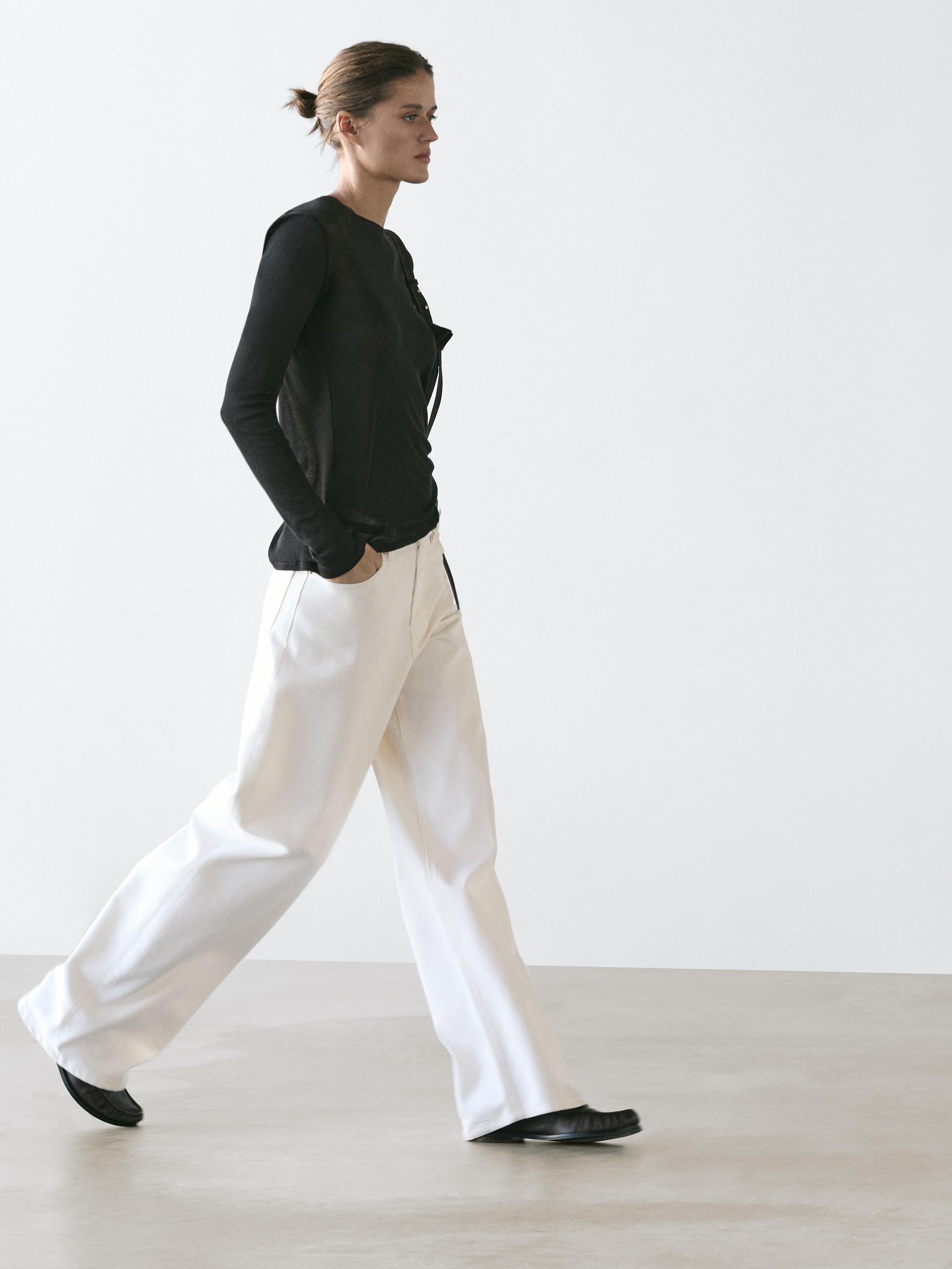 100% cotton semi-sheer T-shirt with collar detail — BLACK