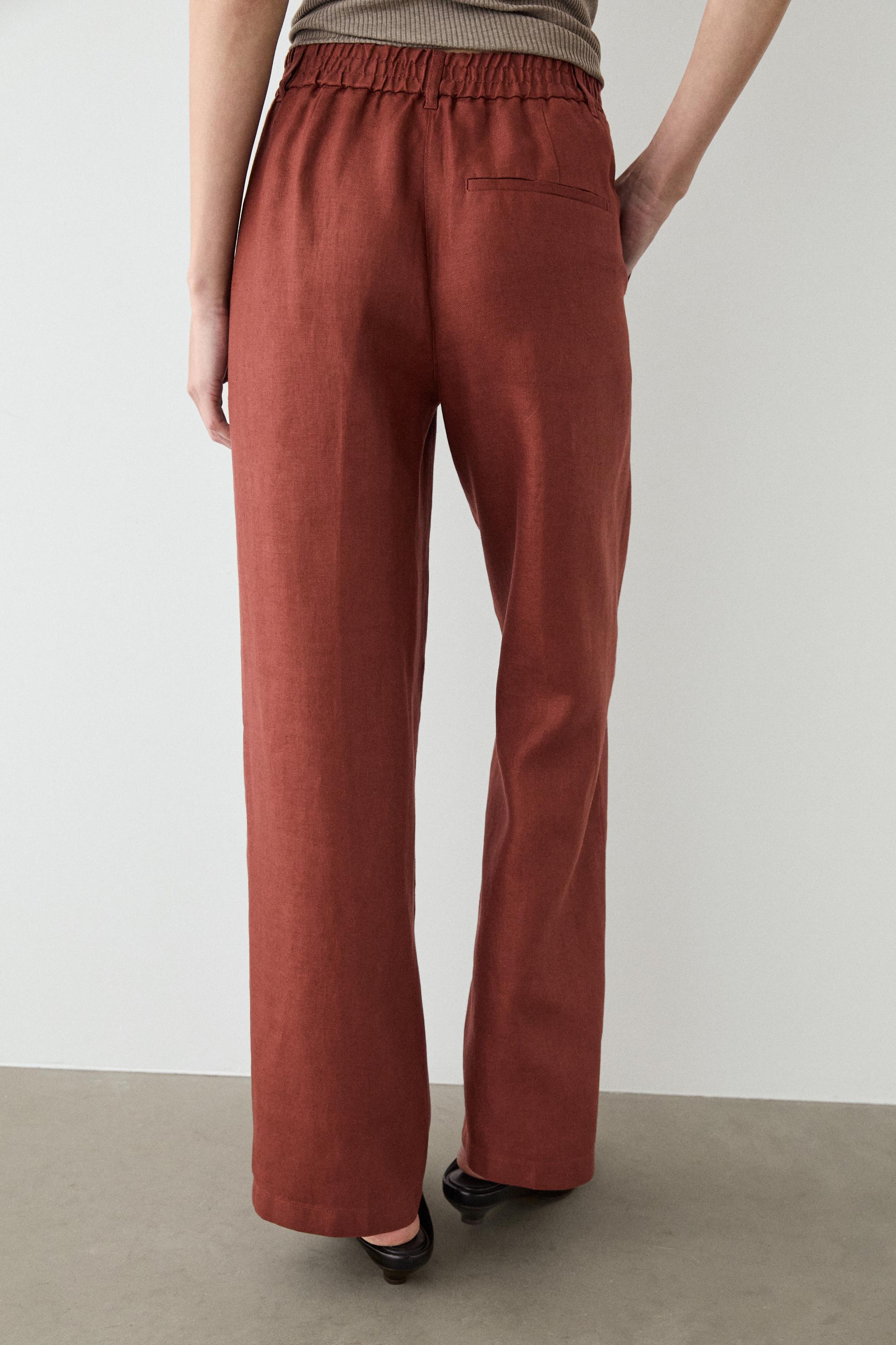100% linen wide-leg elasticated trousers — Orange
