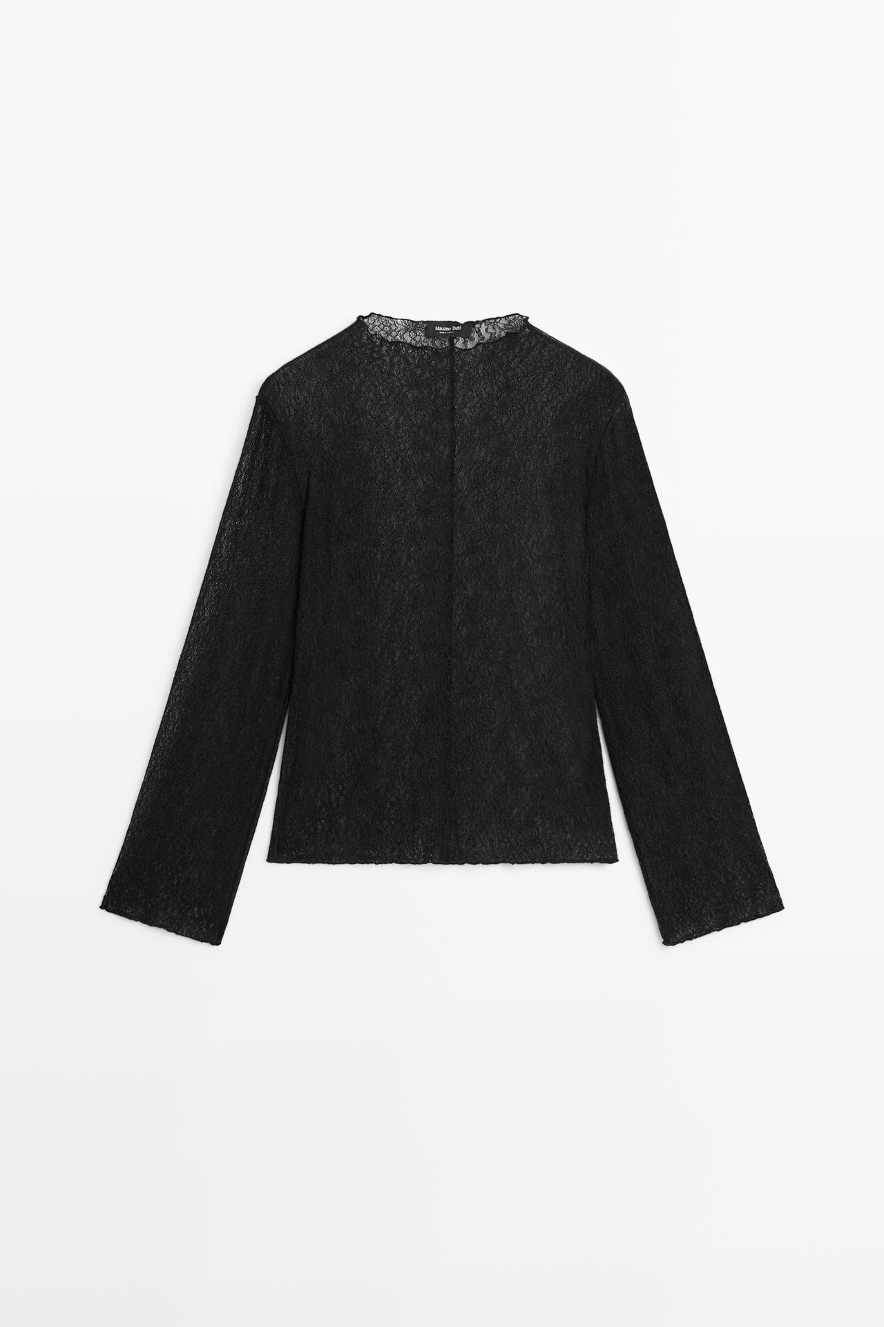 Semi-sheer lace detail T-shirt — BLACK