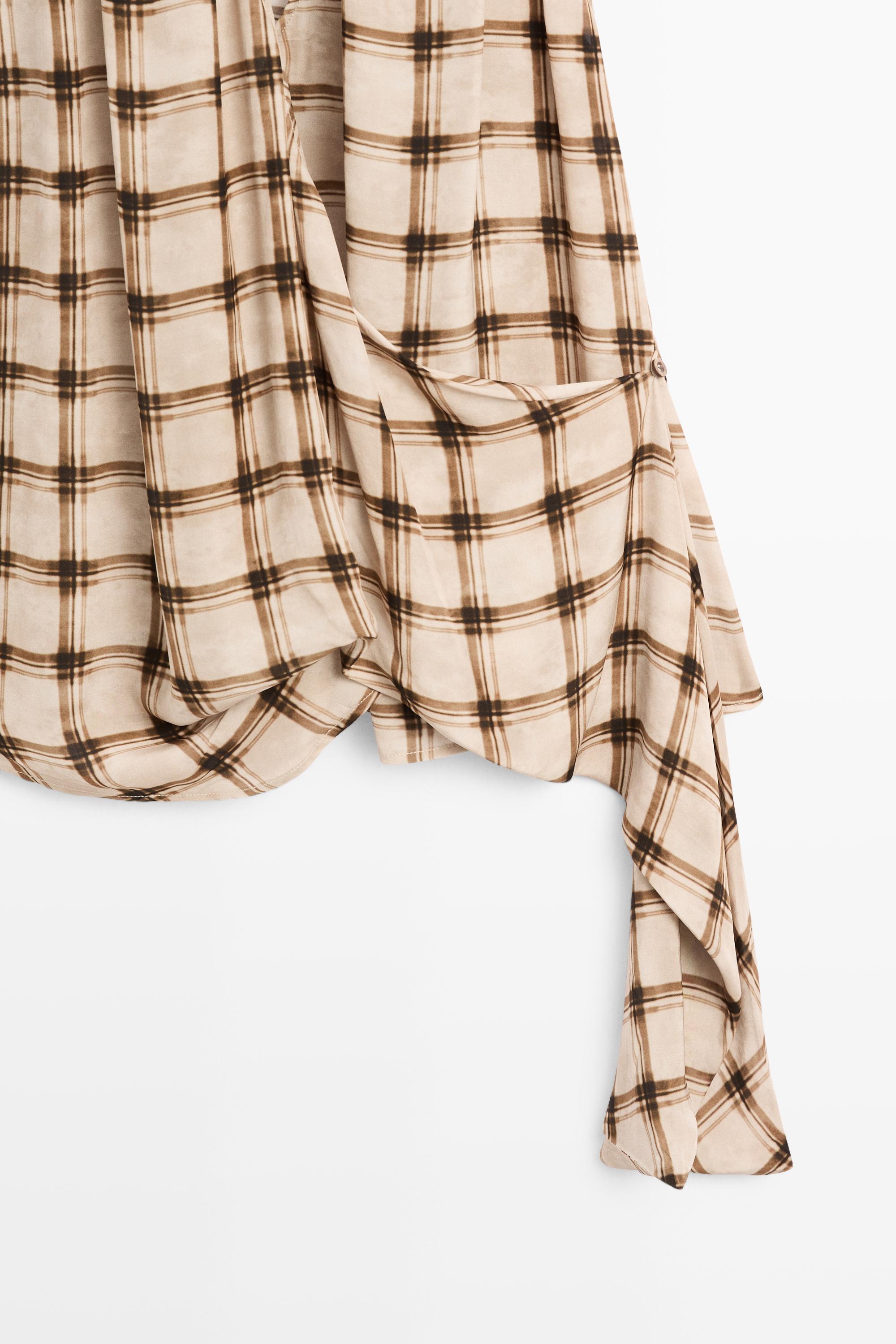 Flowing check print surplice top — BROWN