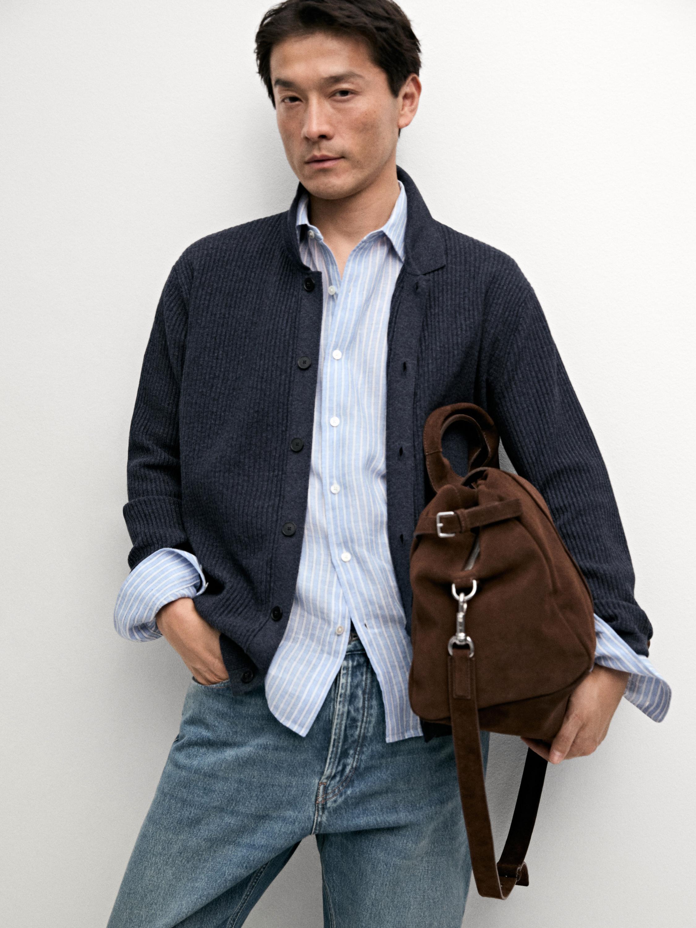 Ribbed button-up knit cardigan — INDIGO