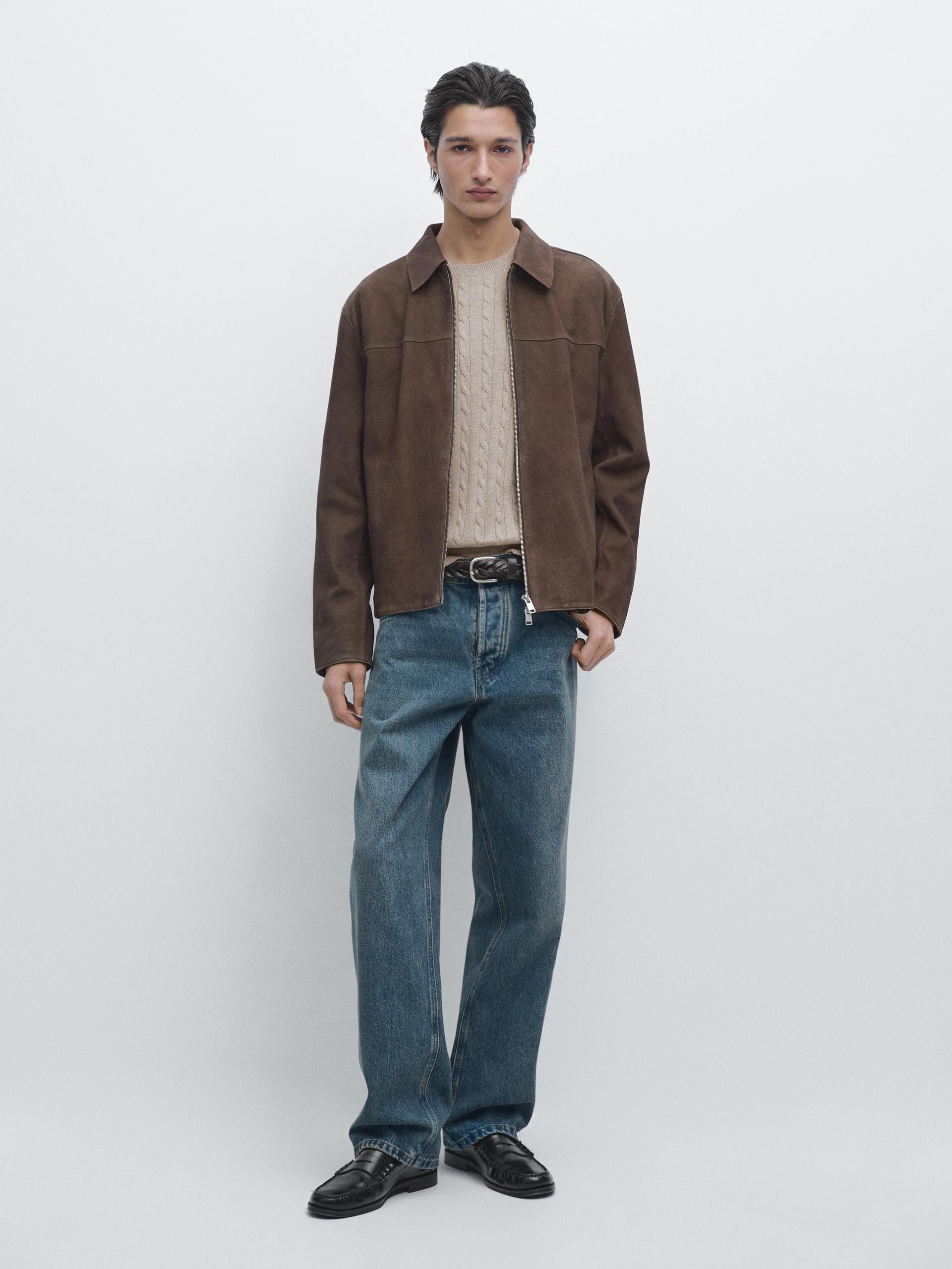 Veste En Cuir Finition Daim - Marron Taupe - S - Massimo Dutti - Homme