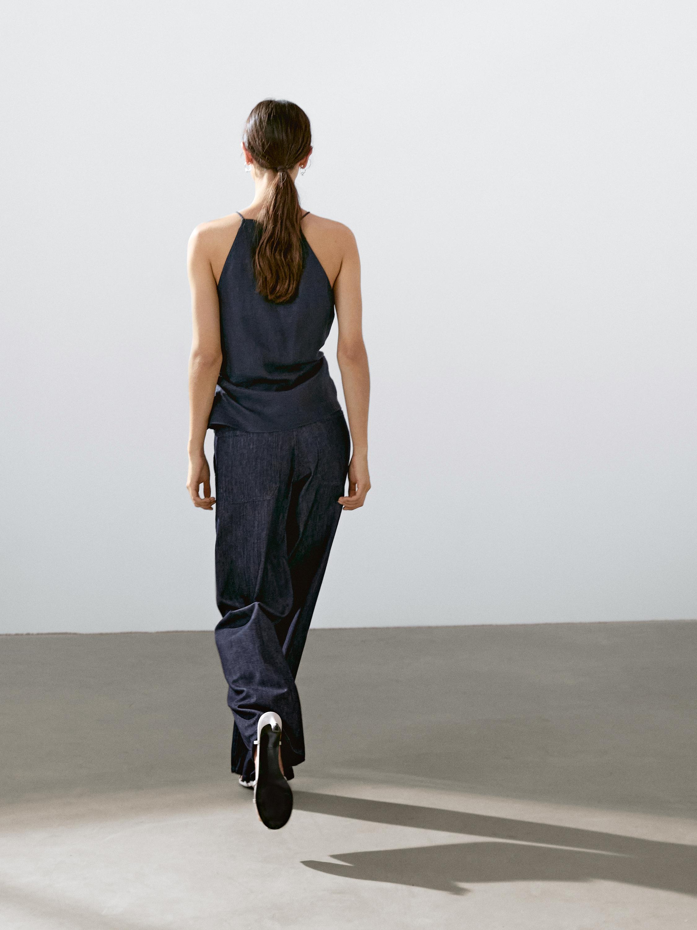 Linen blend halter top with straight neckline