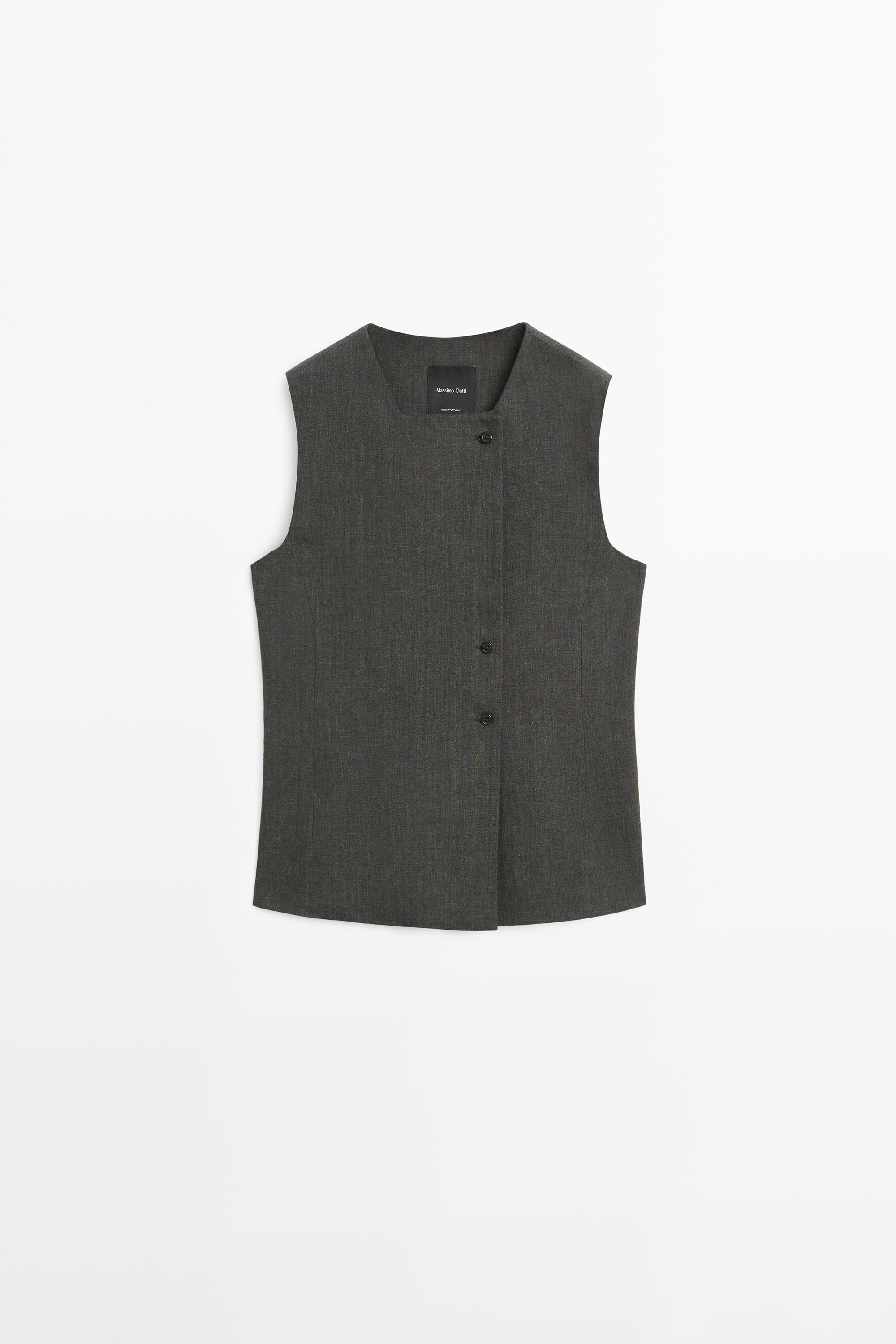 Melange linen double-breasted waistcoat with buttons — BLUISH GREEN