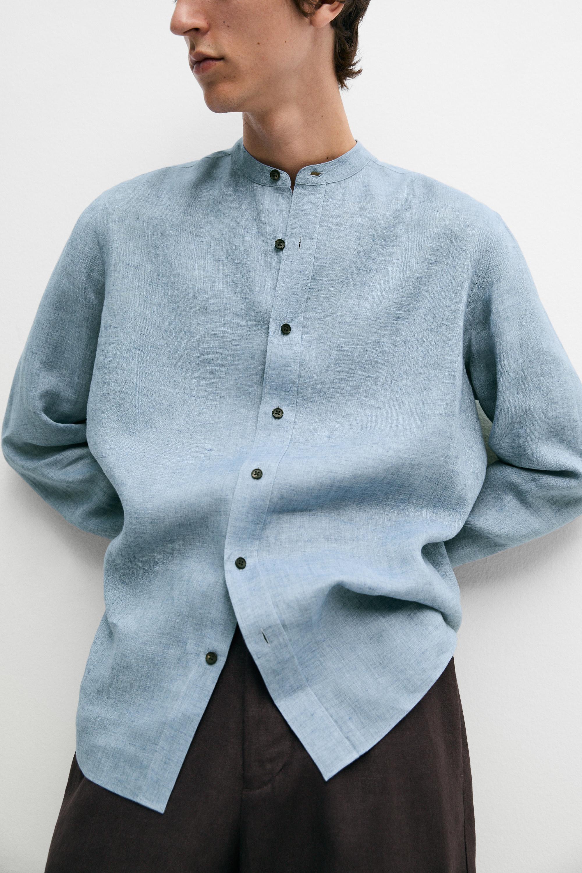 Regular fit contrast button 100% linen shirt — BLUE