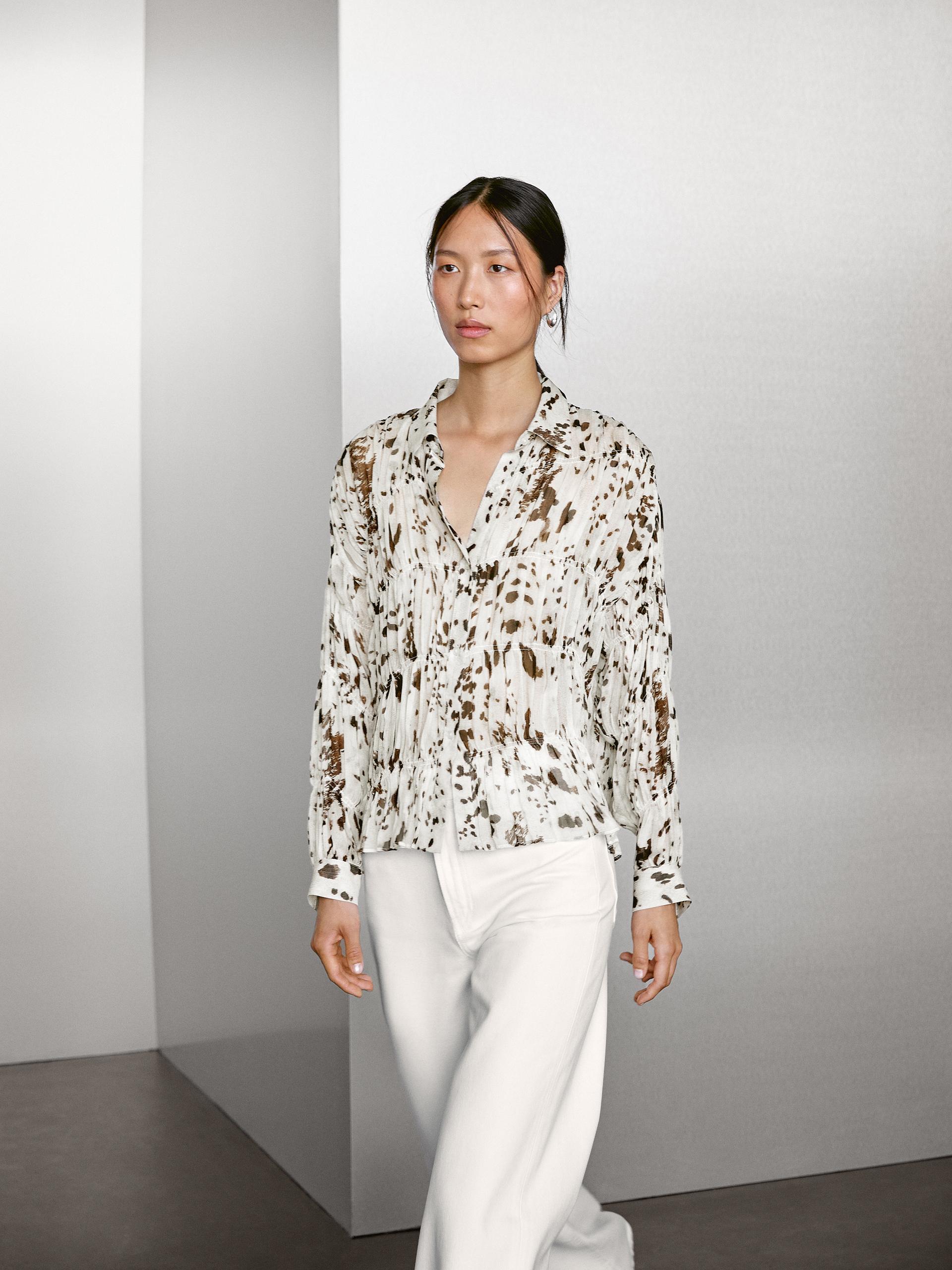 Koszula W Zwierzęcy Wzór Z Marszczeniem - Surowy - M - Massimo Dutti - Kobieta