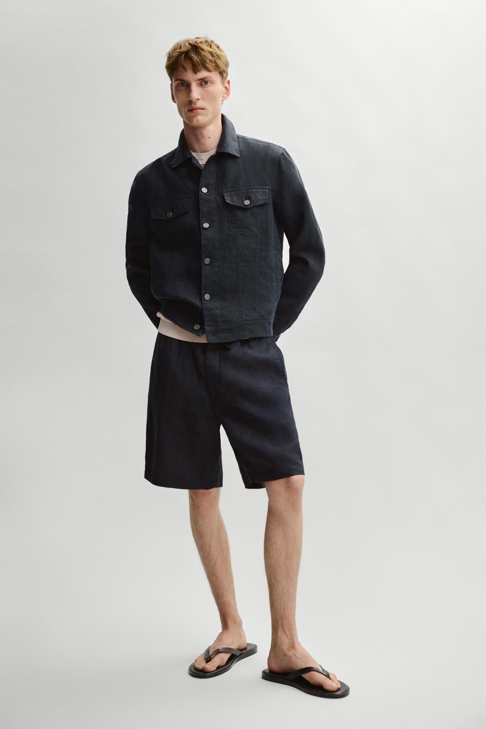 100% linen trucker jacket — NAVY BLUE