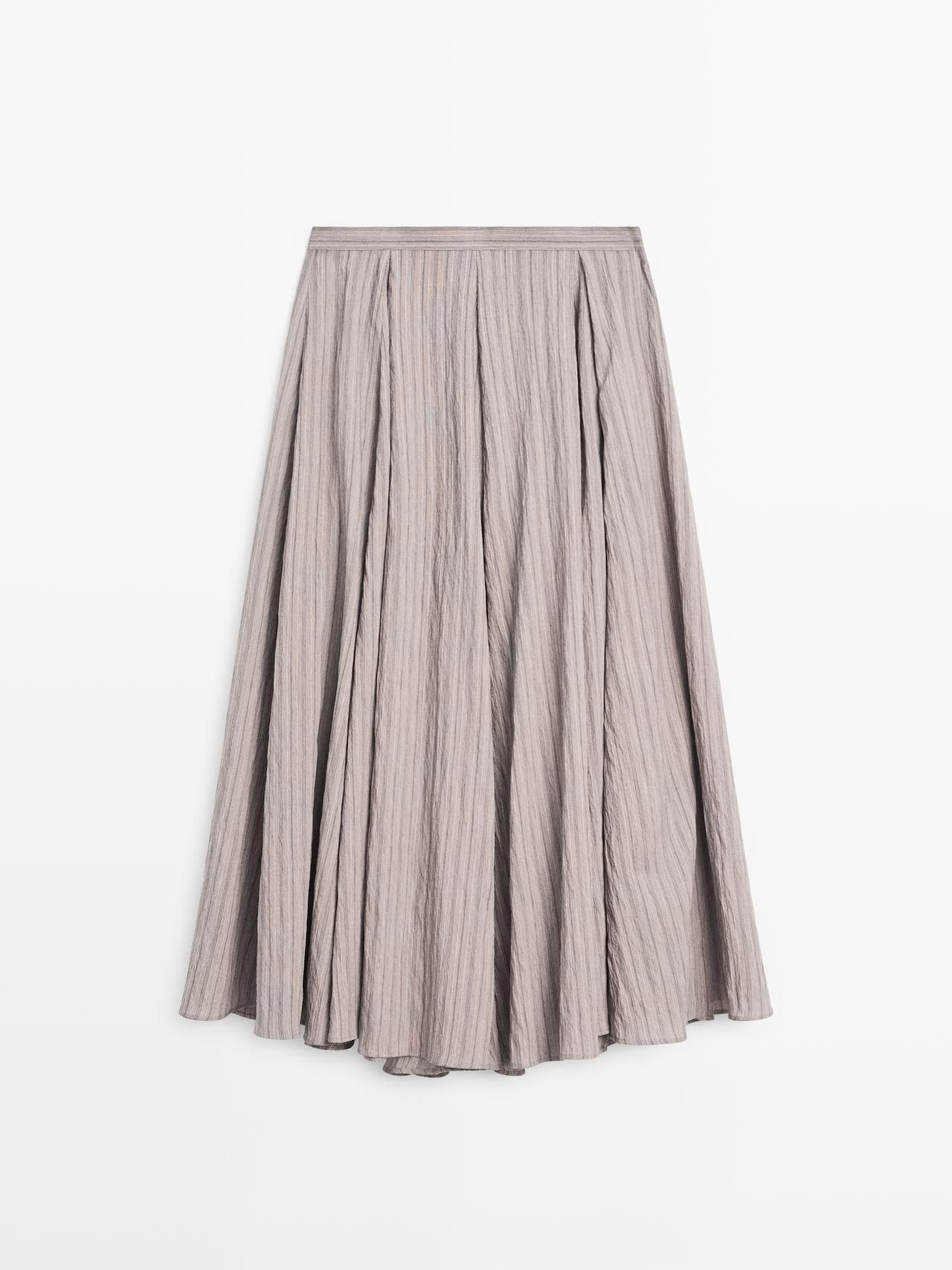 Massimo Dutti - Dame - Stribet Midinederdel Med Svaj - Grå - 34