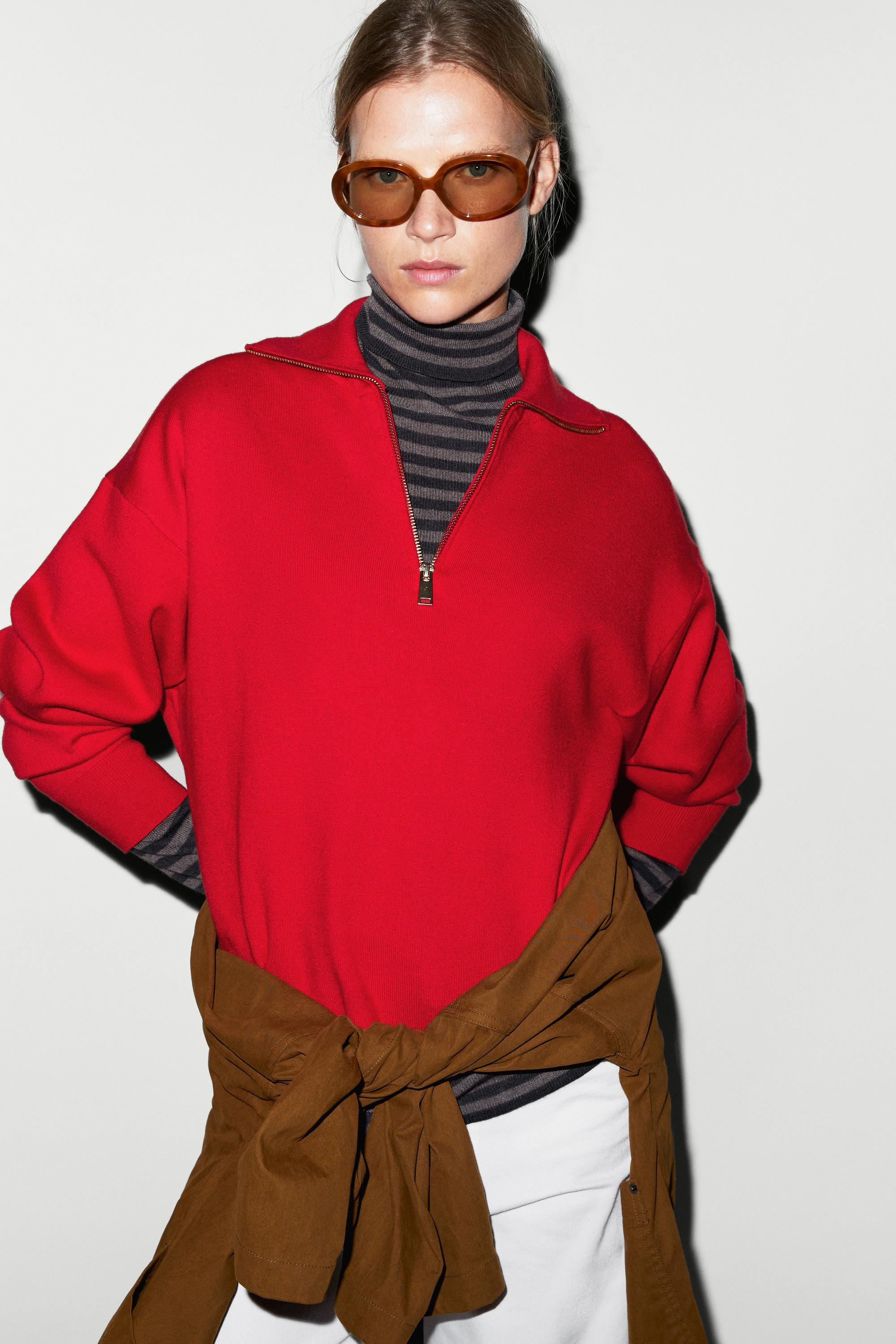 Cotton blend quarter-zip knit polo sweater — RED