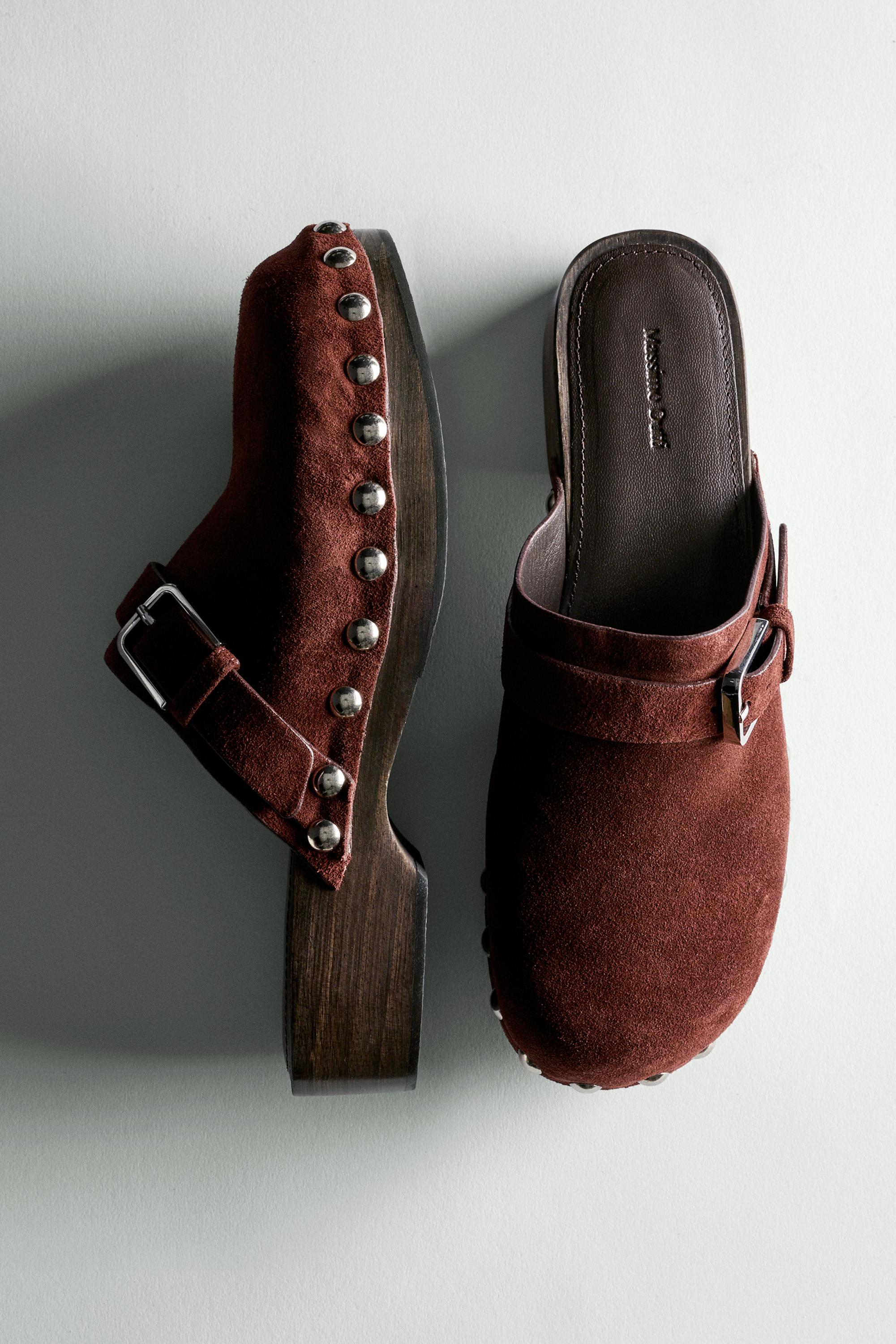 Leather clogs with buckle — TERRA-COTTA