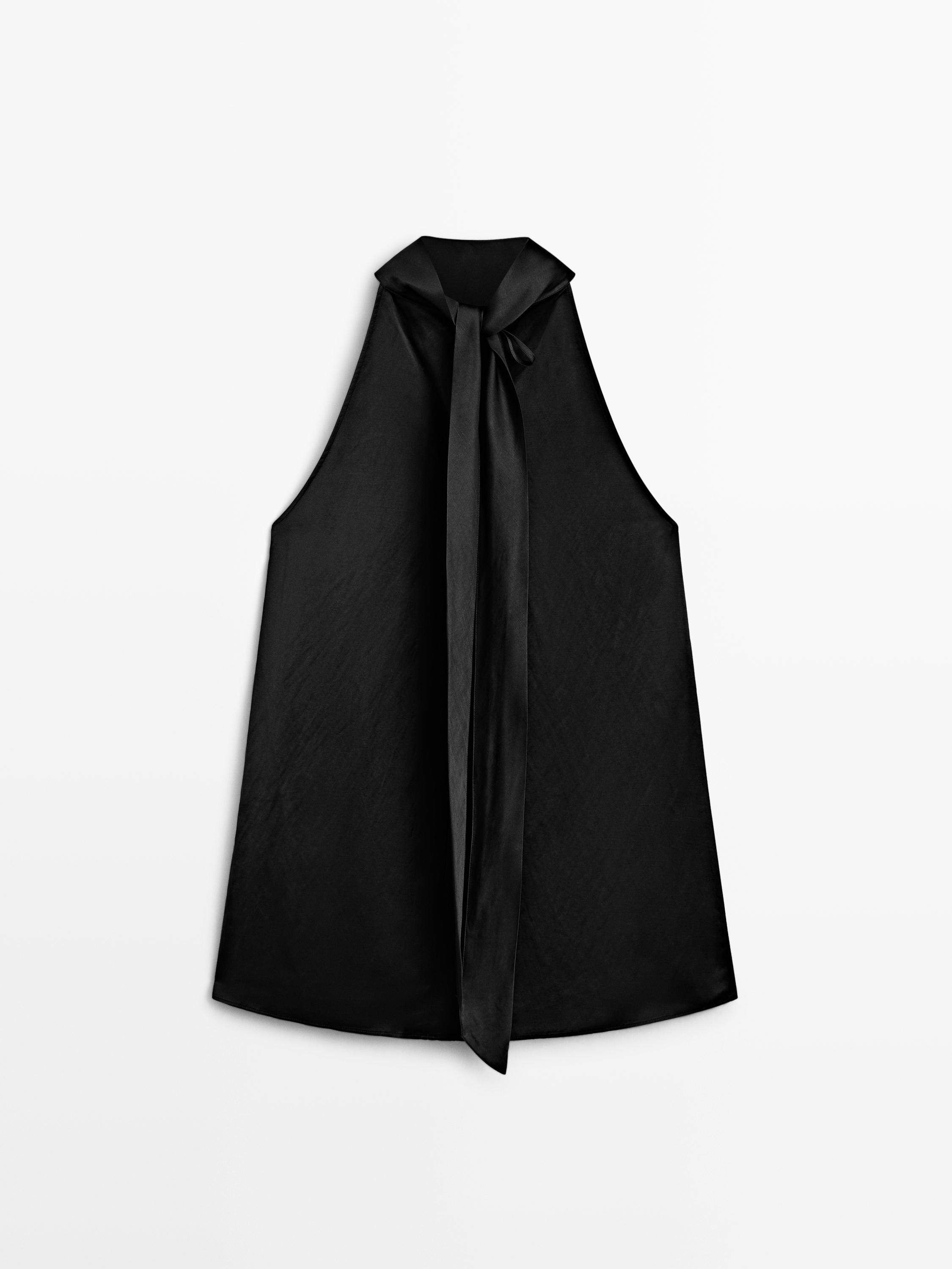 Satin halter top with tie detail — BLACK