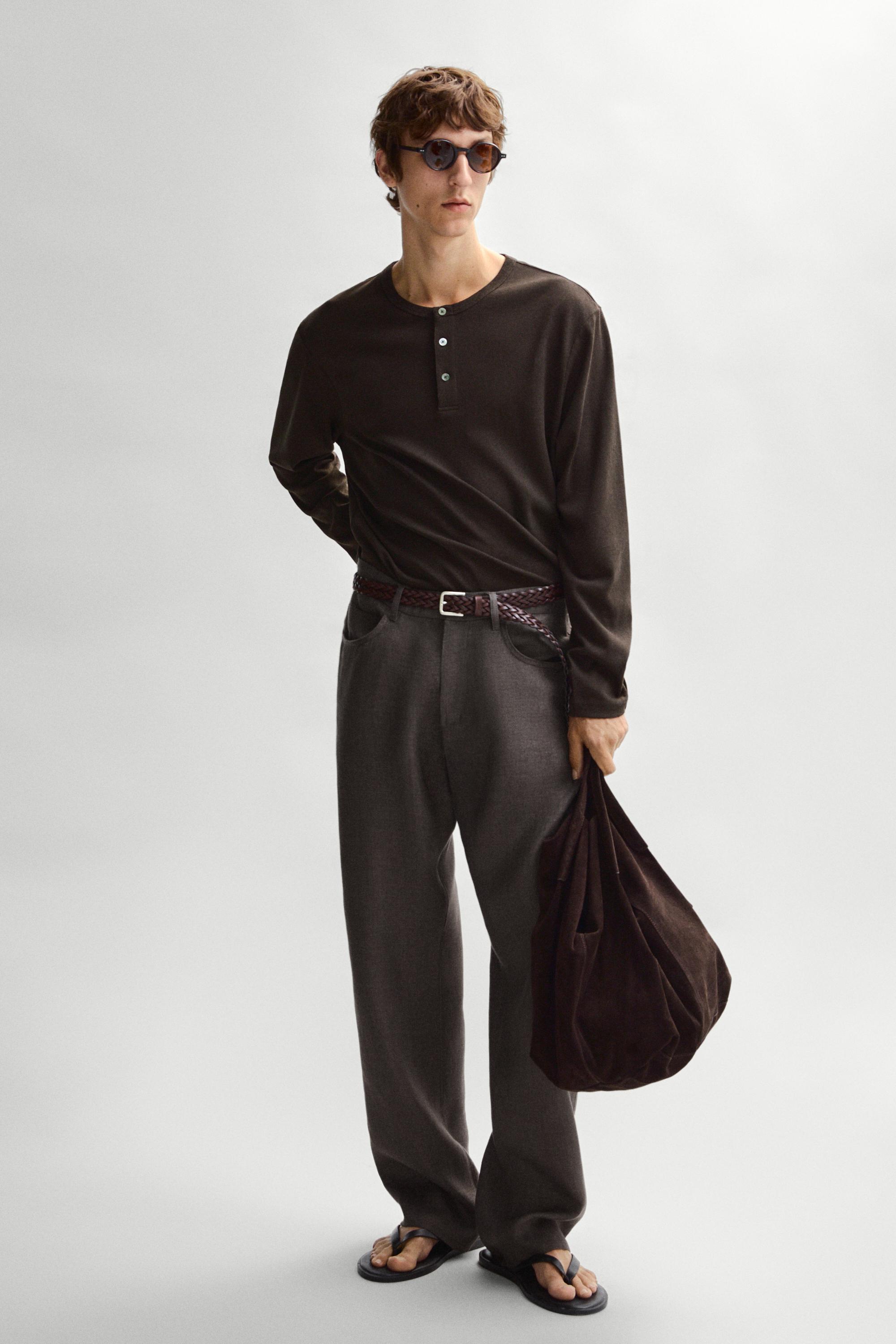 Long sleeve henley neck T-shirt — BROWN