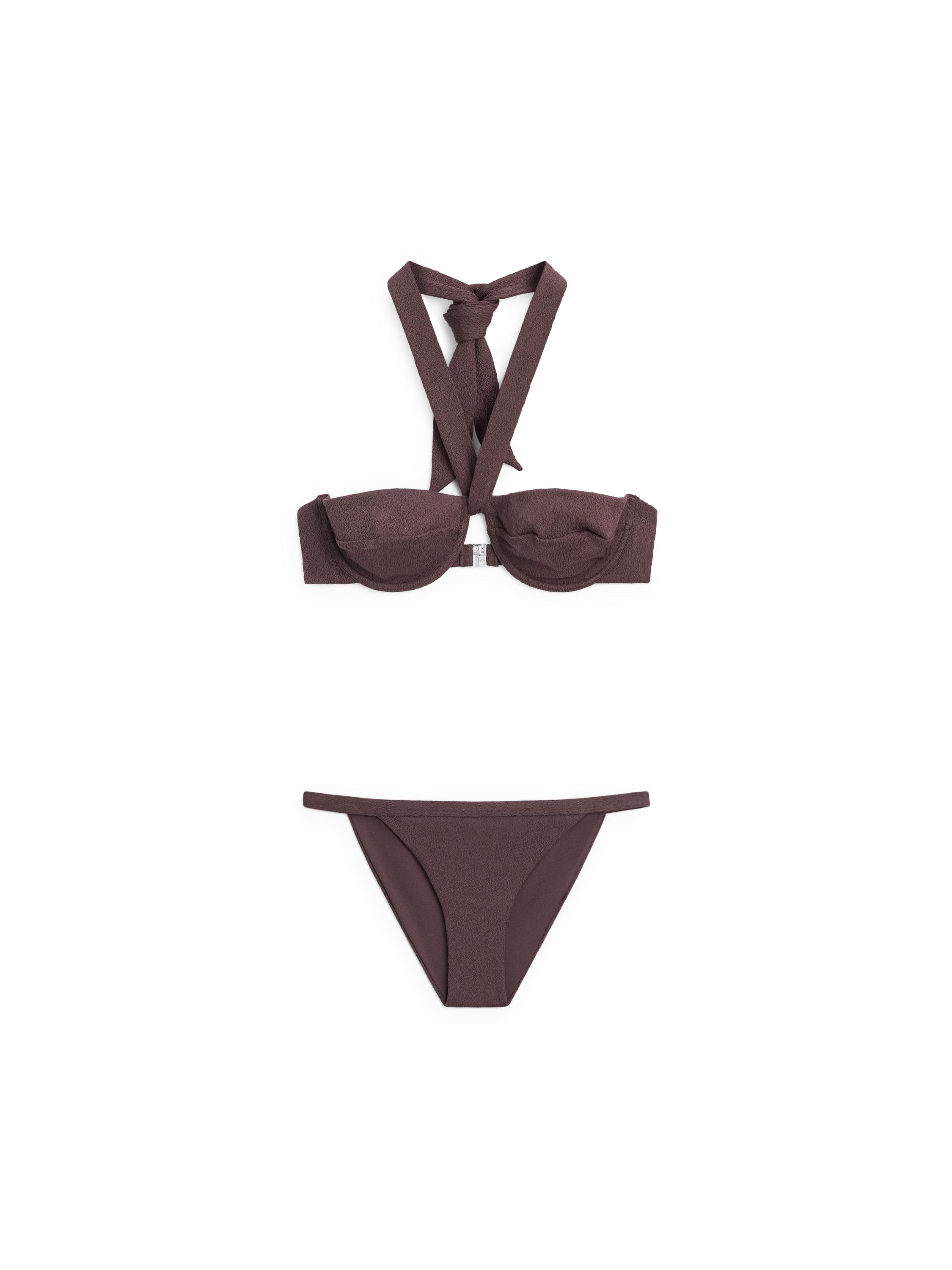Textured bikini top with underwire and tied neck — BROWN