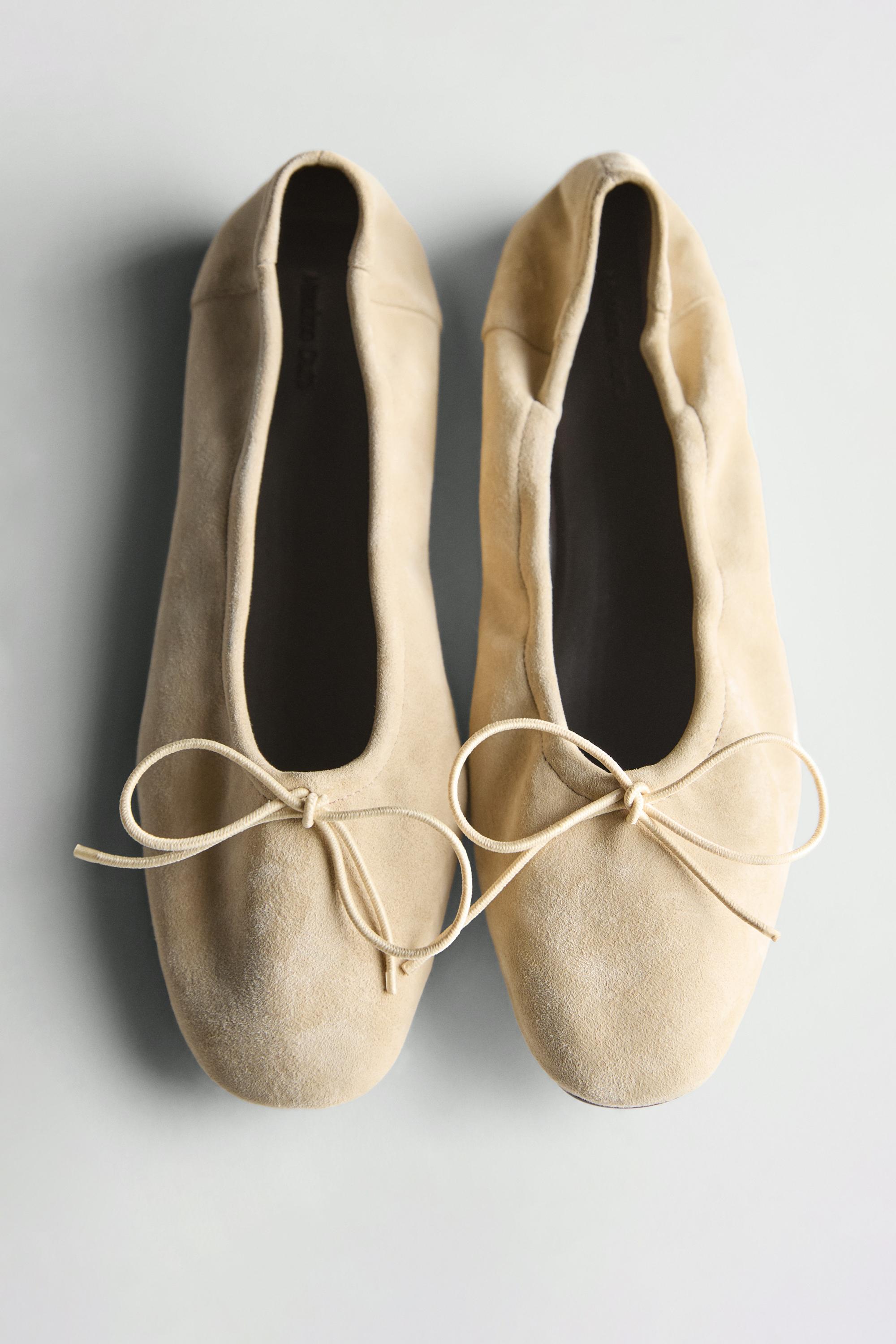 Gathered ballet flats with bow — BEIGE