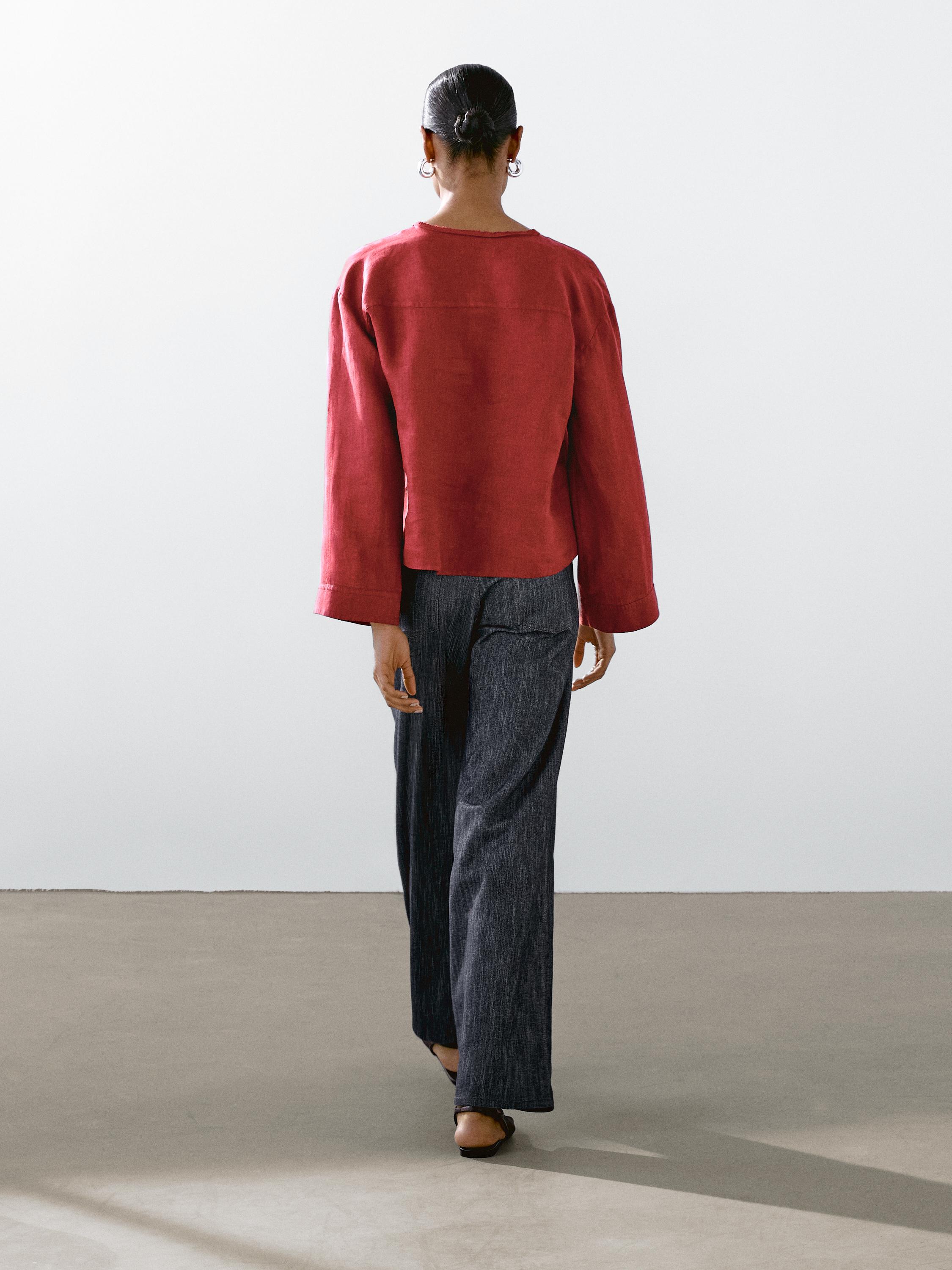 100% linen open stand collar shirt