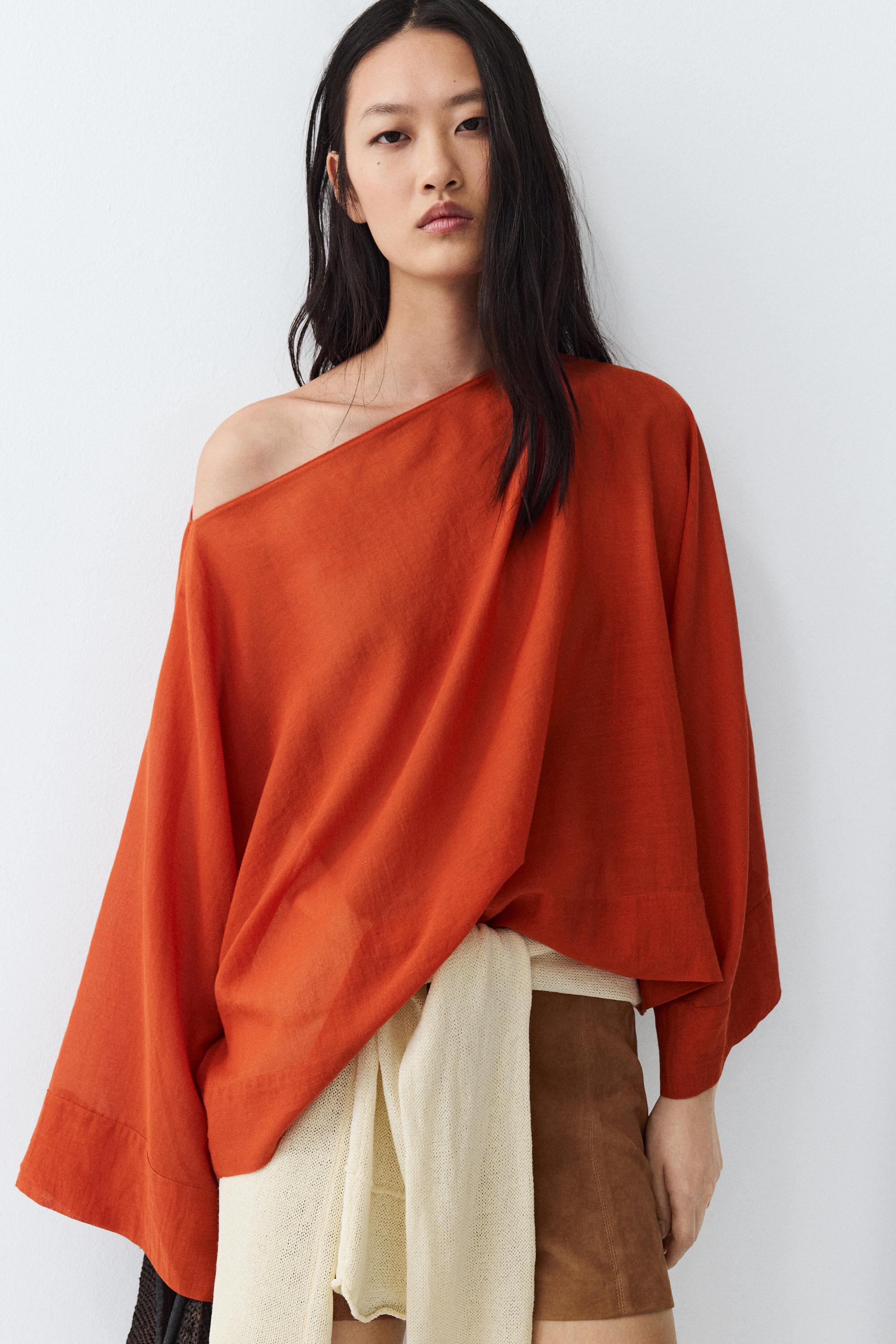 Flowing 100% cotton shirt with voluminous sleeves — BURNT ORANGE